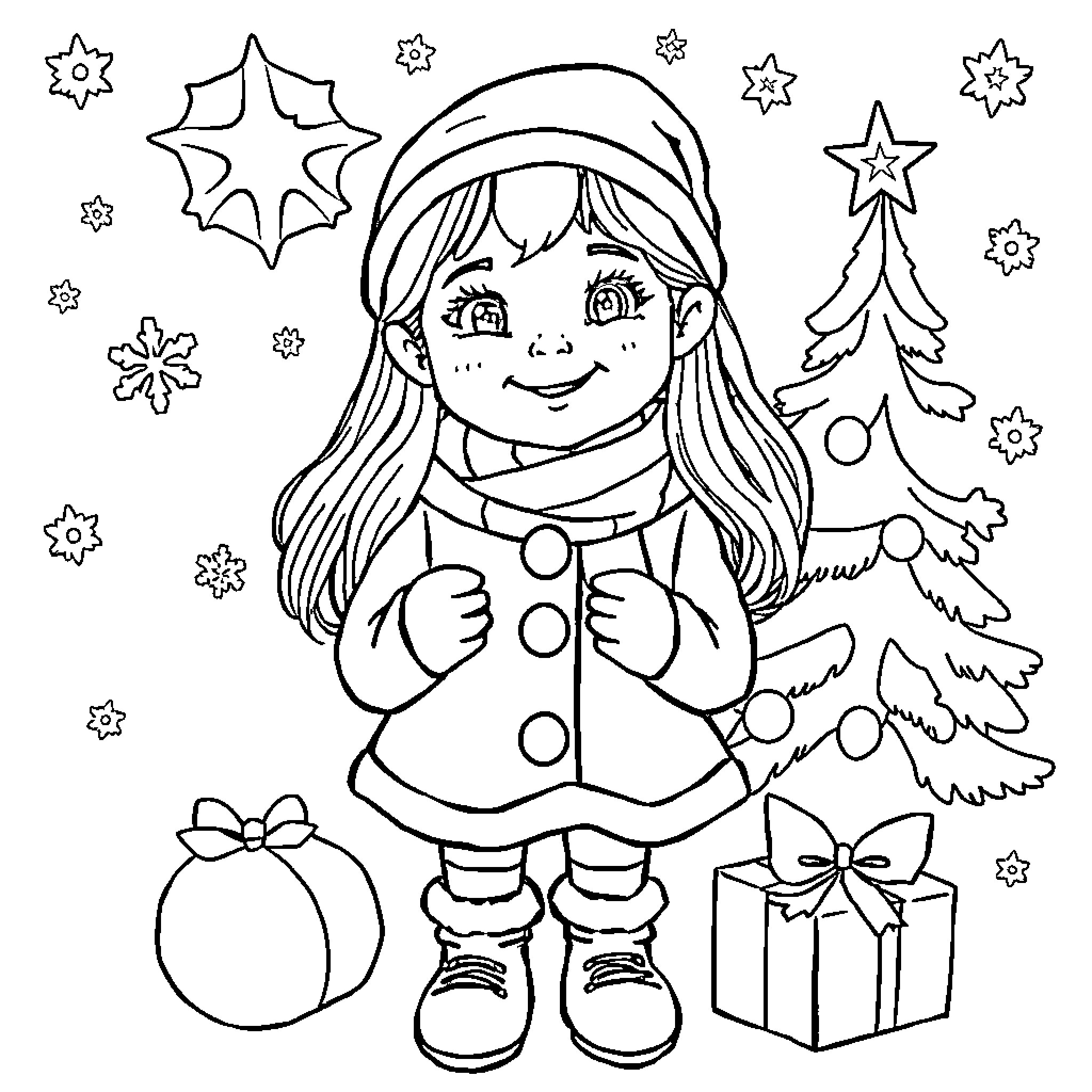 Christmas girl playing with festive decorations Coloring Page (free black-and-white line drawing printable PDF for all, from beginners to advanced learners, including children, teens, adults, and seniors)