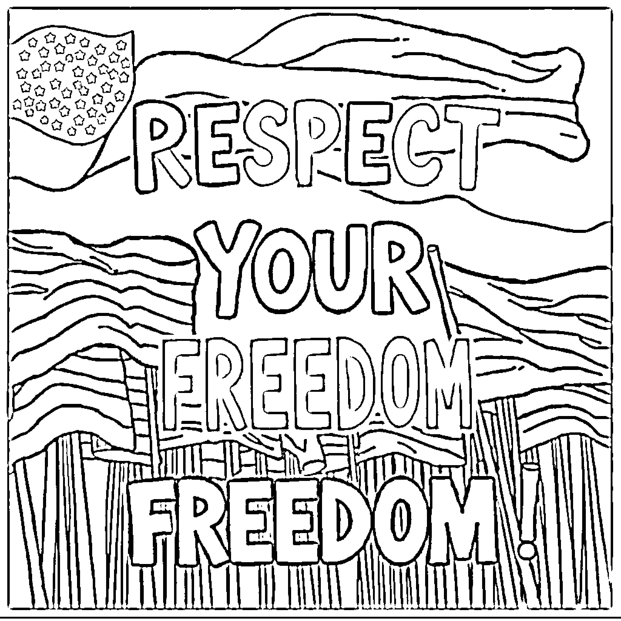 Freedom to Respect Your Freedom Coloring Page (free black-and-white line drawing printable PDF for all, from beginners to advanced learners, including children, teens, adults, and seniors)