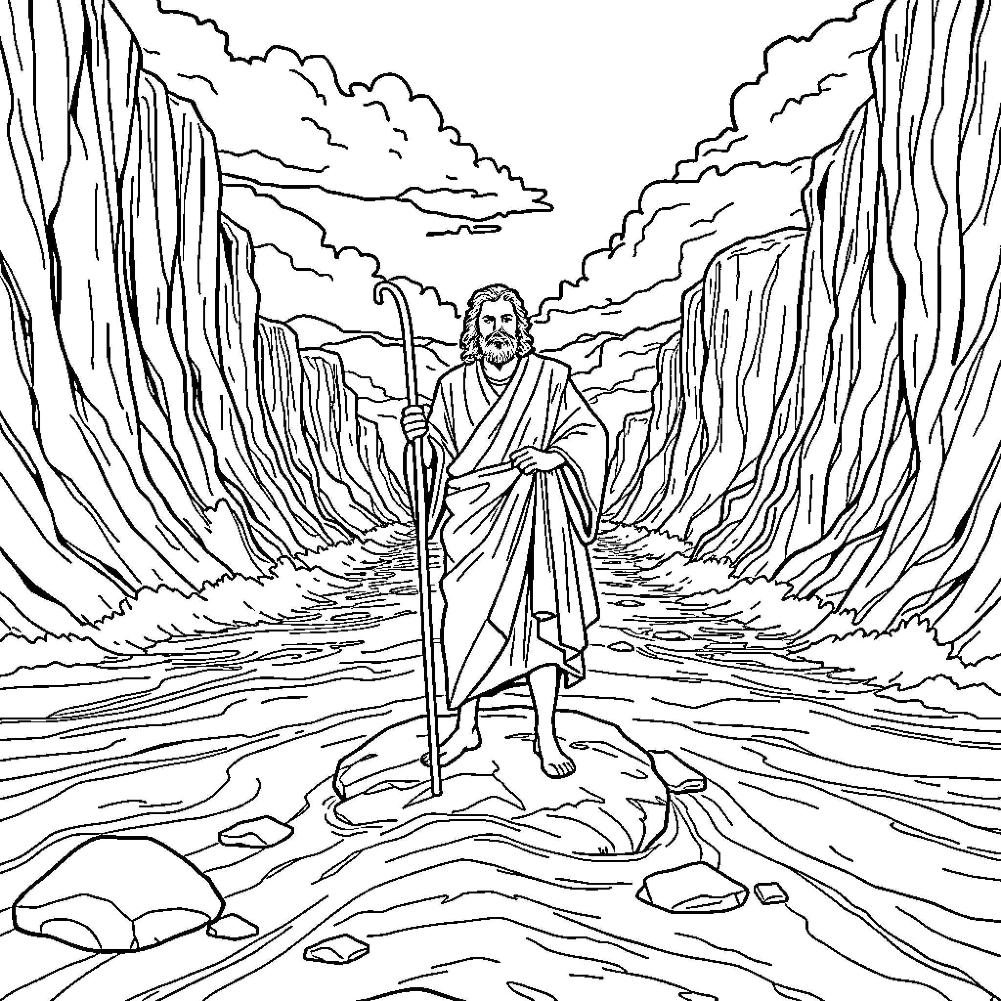 Moses Journeying Through the Parted Seas Coloring Page (free black-and-white line drawing printable PDF for all, from beginners to advanced learners, including children, teens, adults, and seniors)