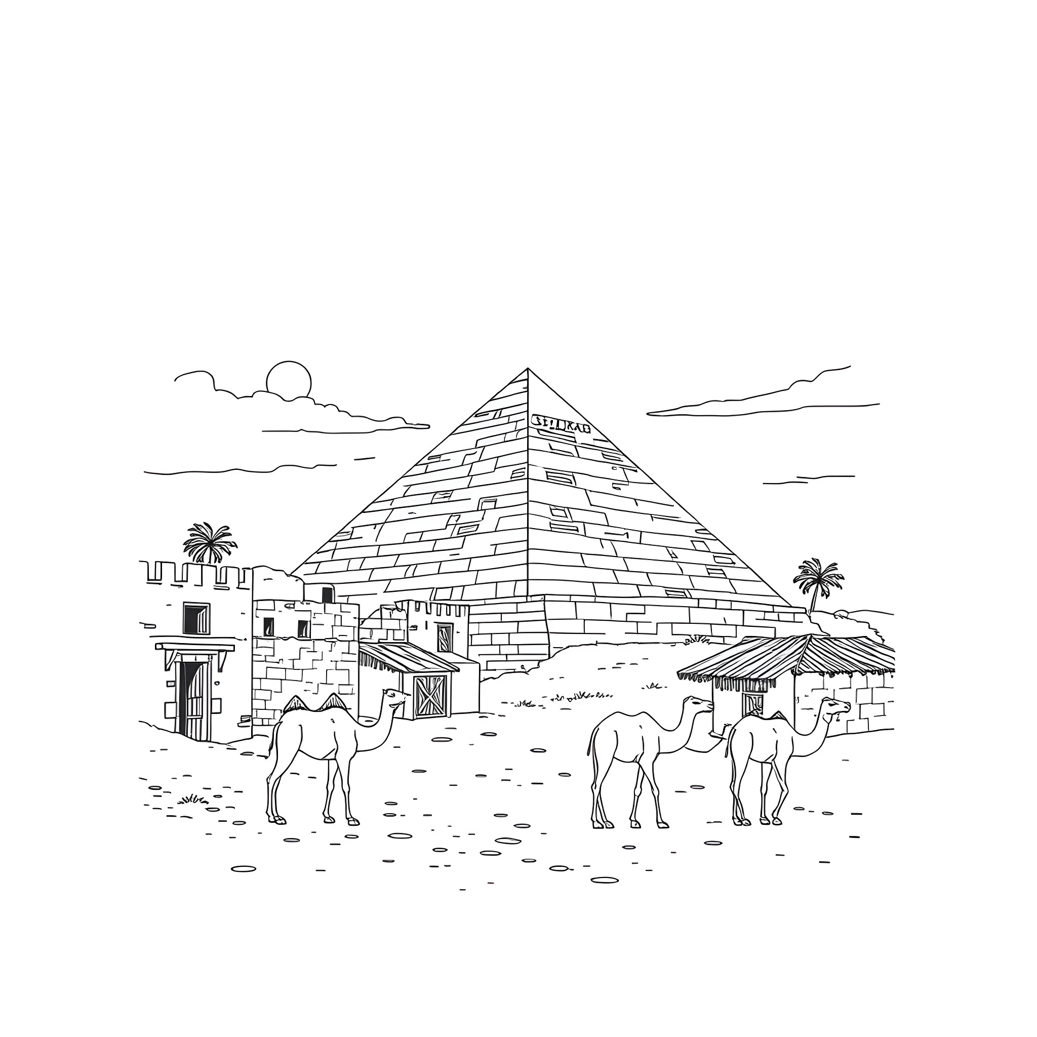 Saqqara: Ancient Egyptian Pyramid and Camel Scene Coloring Page (free black-and-white line drawing printable PDF for all, from beginners to advanced learners, including children, teens, adults, and seniors)