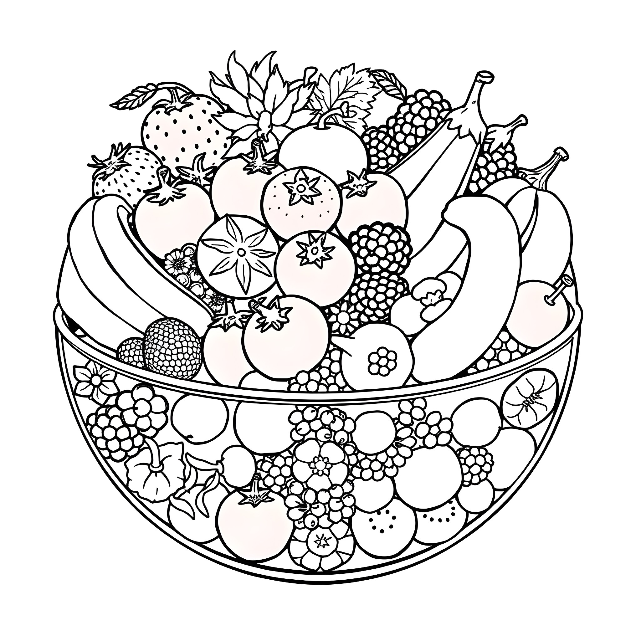 Fruit basket filled with assorted produce Coloring Page (free black-and-white line drawing printable PDF for all, from beginners to advanced learners, including children, teens, adults, and seniors)