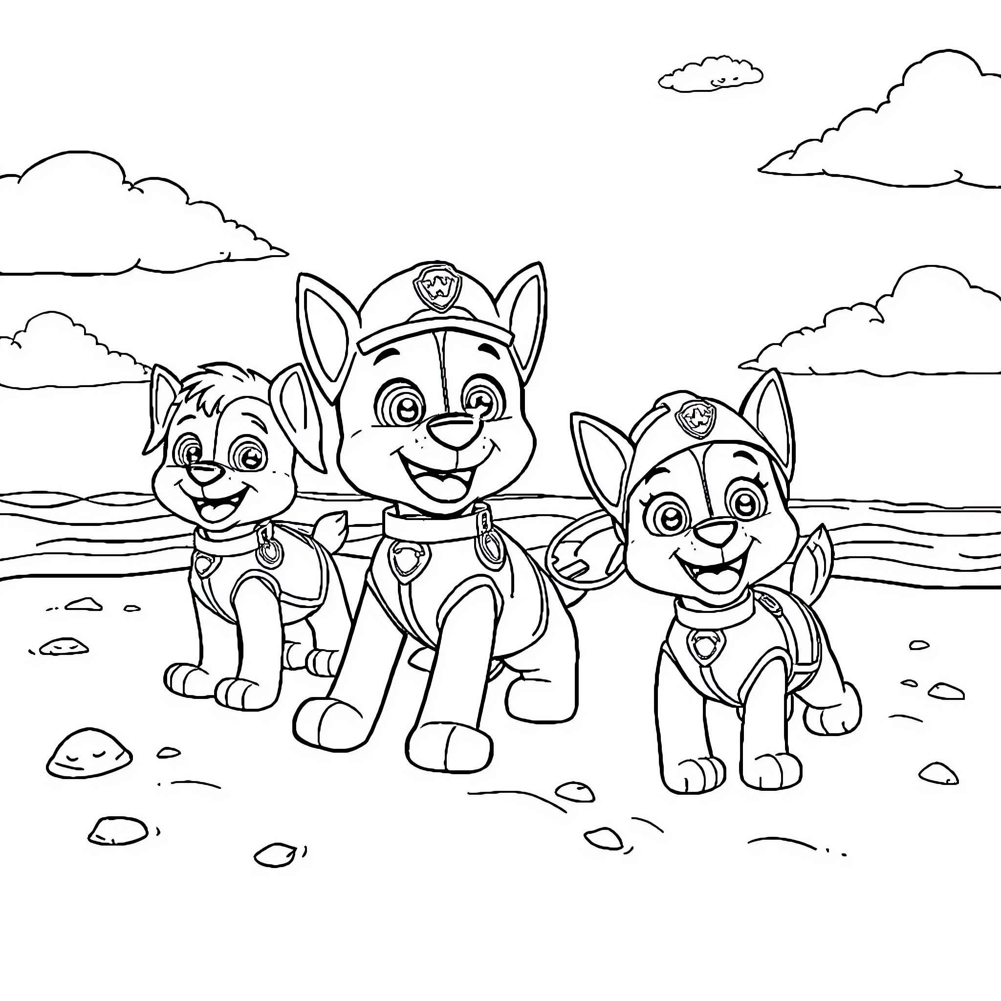 Paw Patrol puppies on the beach Coloring Page (free black-and-white line drawing printable PDF for all, from beginners to advanced learners, including children, teens, adults, and seniors)