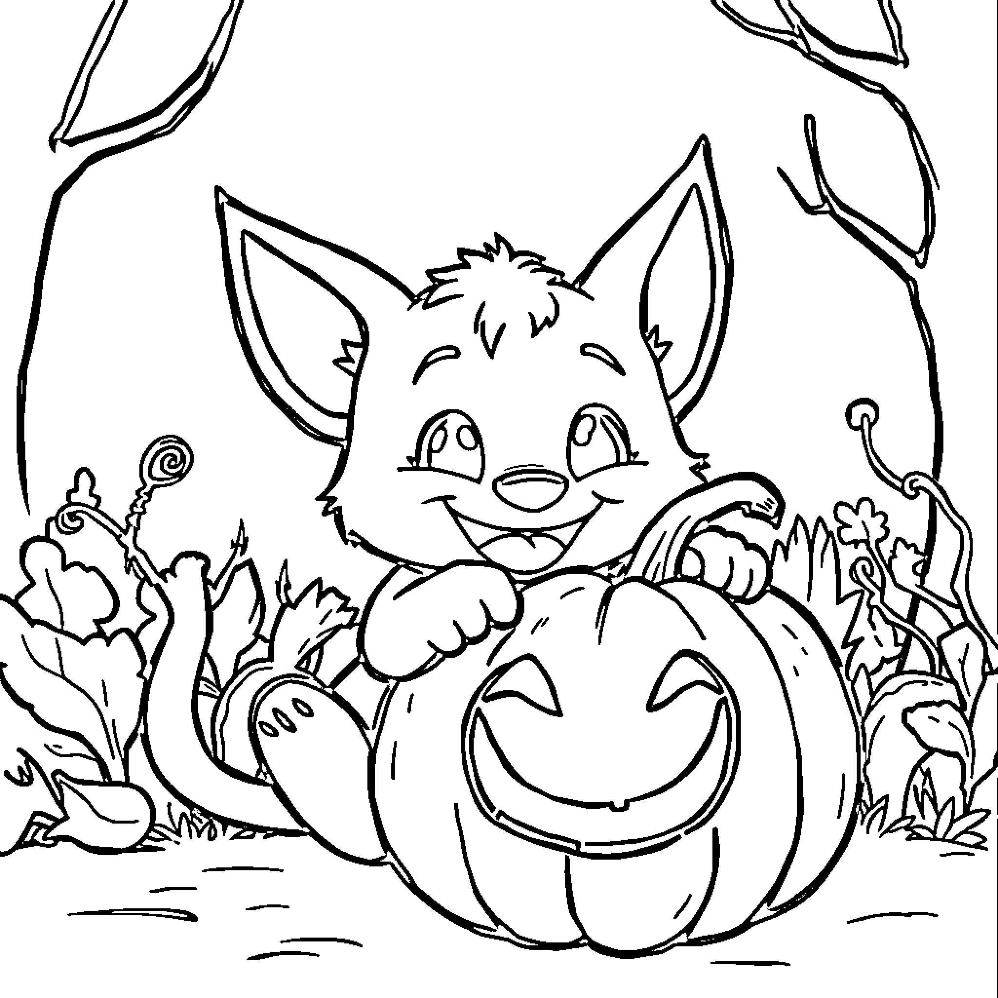 Bluey playing with pumpkin in the garden Coloring Page (free black-and-white line drawing printable PDF for all, from beginners to advanced learners, including children, teens, adults, and seniors)