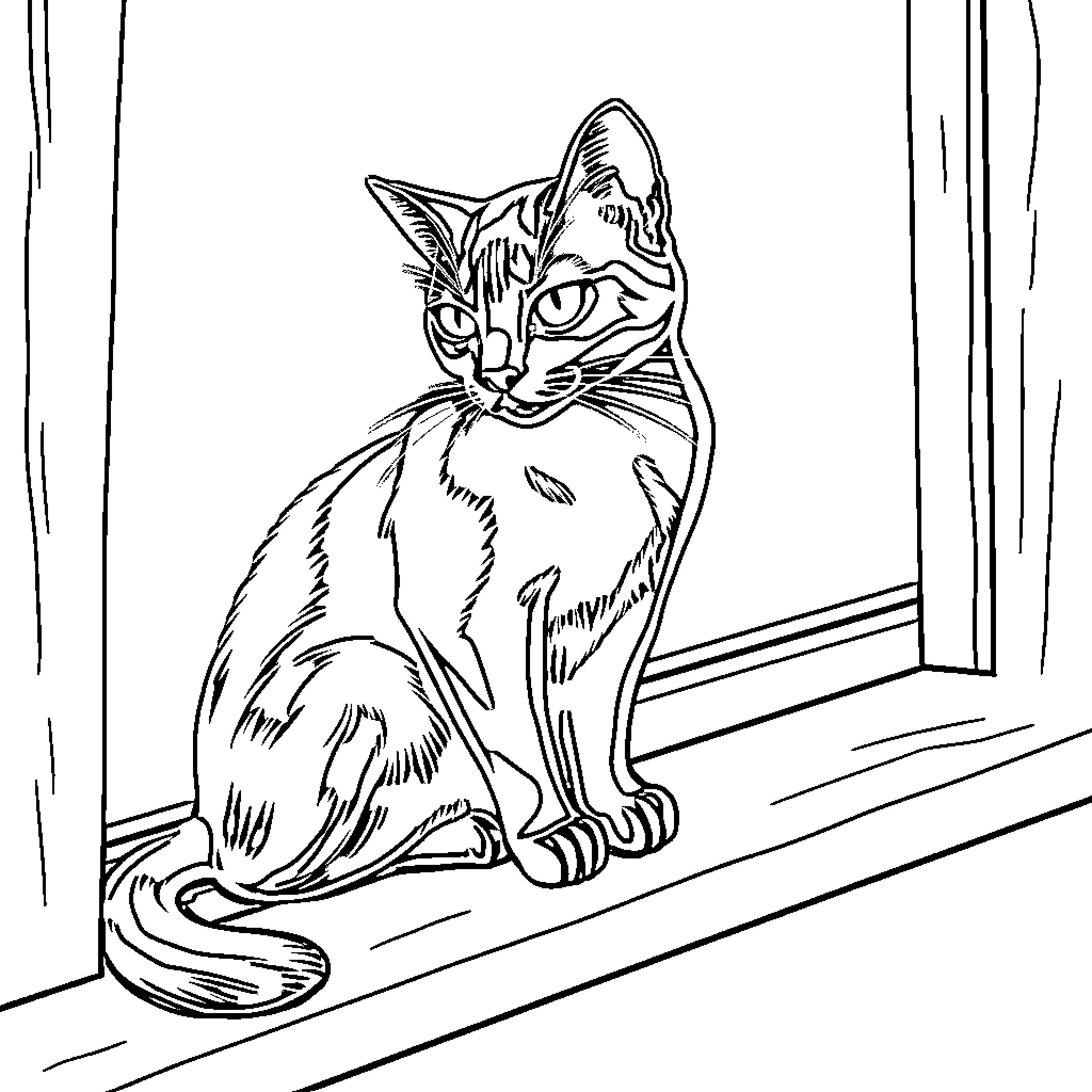 Cat sitting attentively by the window Coloring Page (free black-and-white line drawing printable PDF for all, from beginners to advanced learners, including children, teens, adults, and seniors)