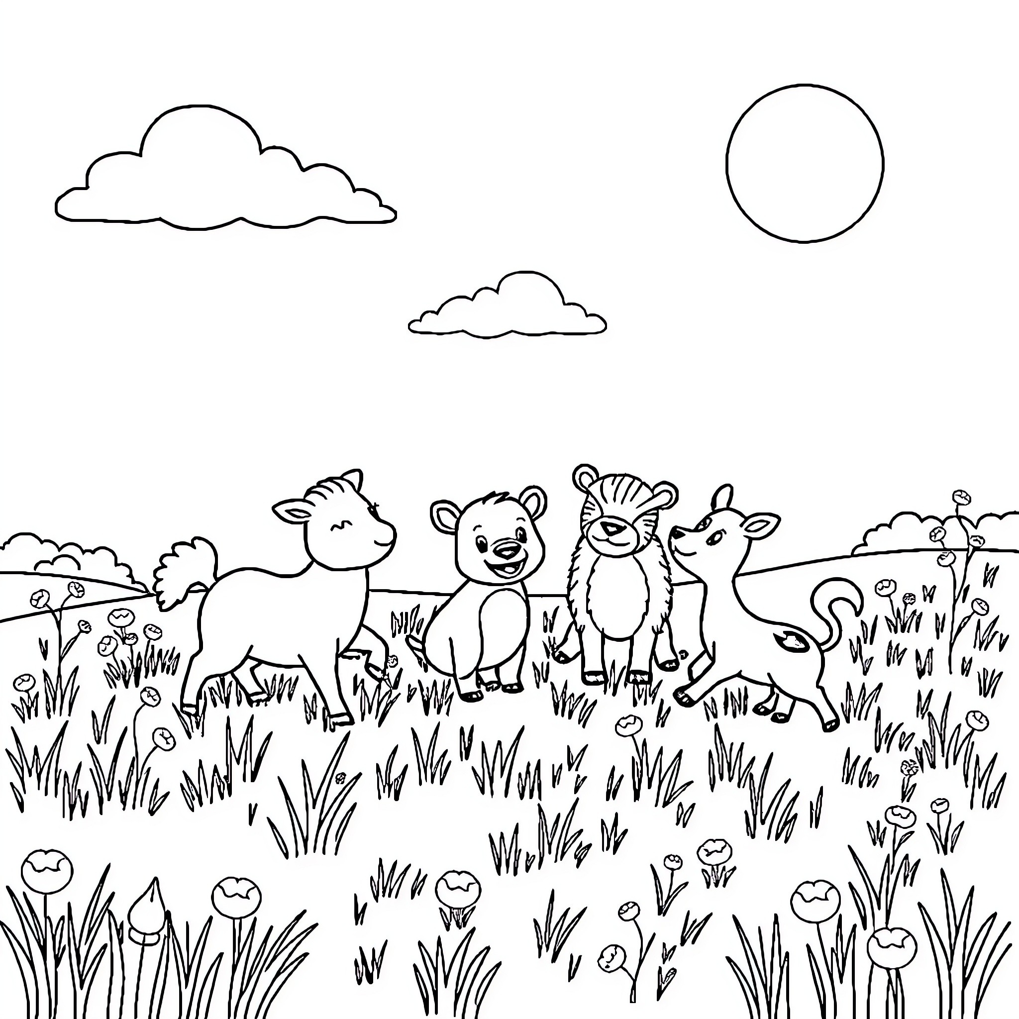 Animal friends enjoying the outdoor scene Coloring Page (free black-and-white line drawing printable PDF for all, from beginners to advanced learners, including children, teens, adults, and seniors)
