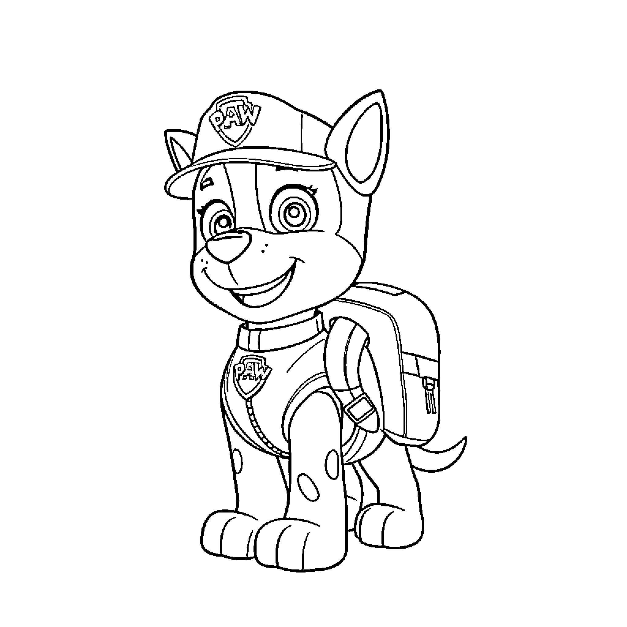 Rocky the Paw Patrol Puppy in Uniform Coloring Page (free black-and-white line drawing printable PDF for all, from beginners to advanced learners, including children, teens, adults, and seniors)