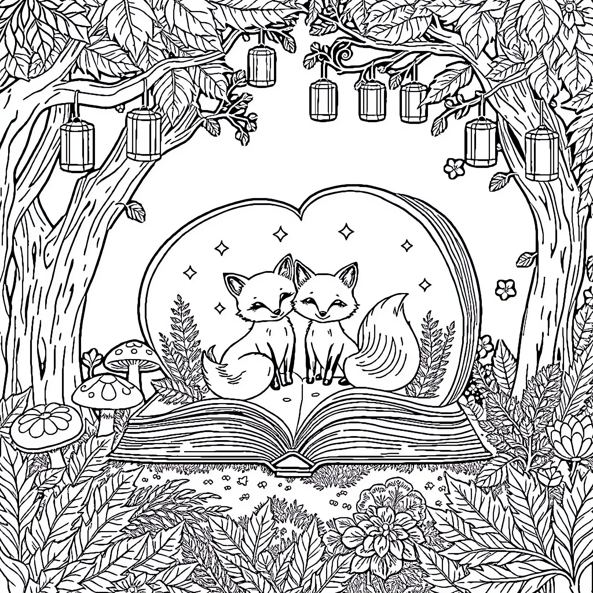 Fox Companions Reading Magical Book in Enchanted Forest Coloring Page (free black-and-white line drawing printable PDF for all, from beginners to advanced learners, including children, teens, adults, and seniors)