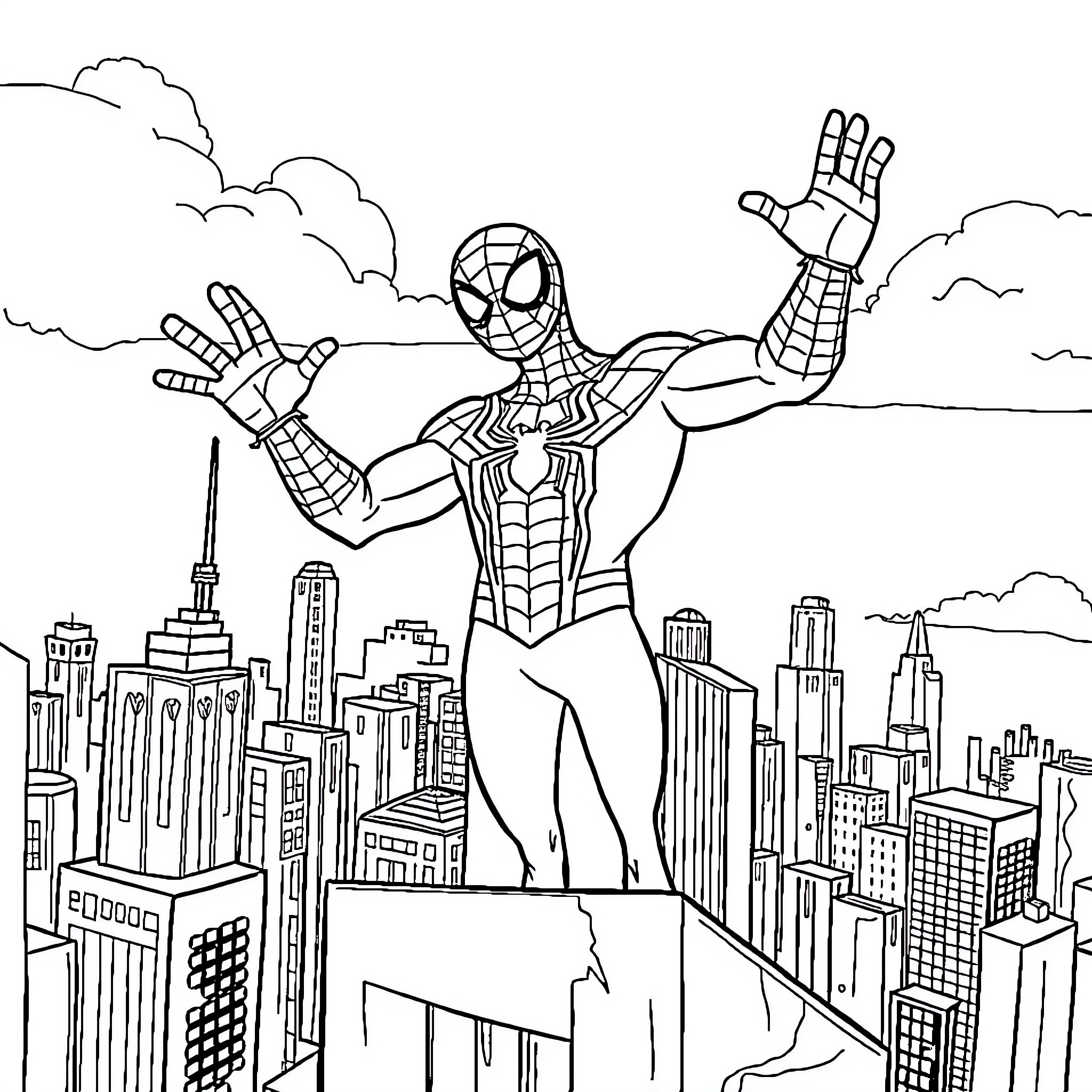 Spiderman swinging through the city skyline Coloring Page (free black-and-white line drawing printable PDF for all, from beginners to advanced learners, including children, teens, adults, and seniors)