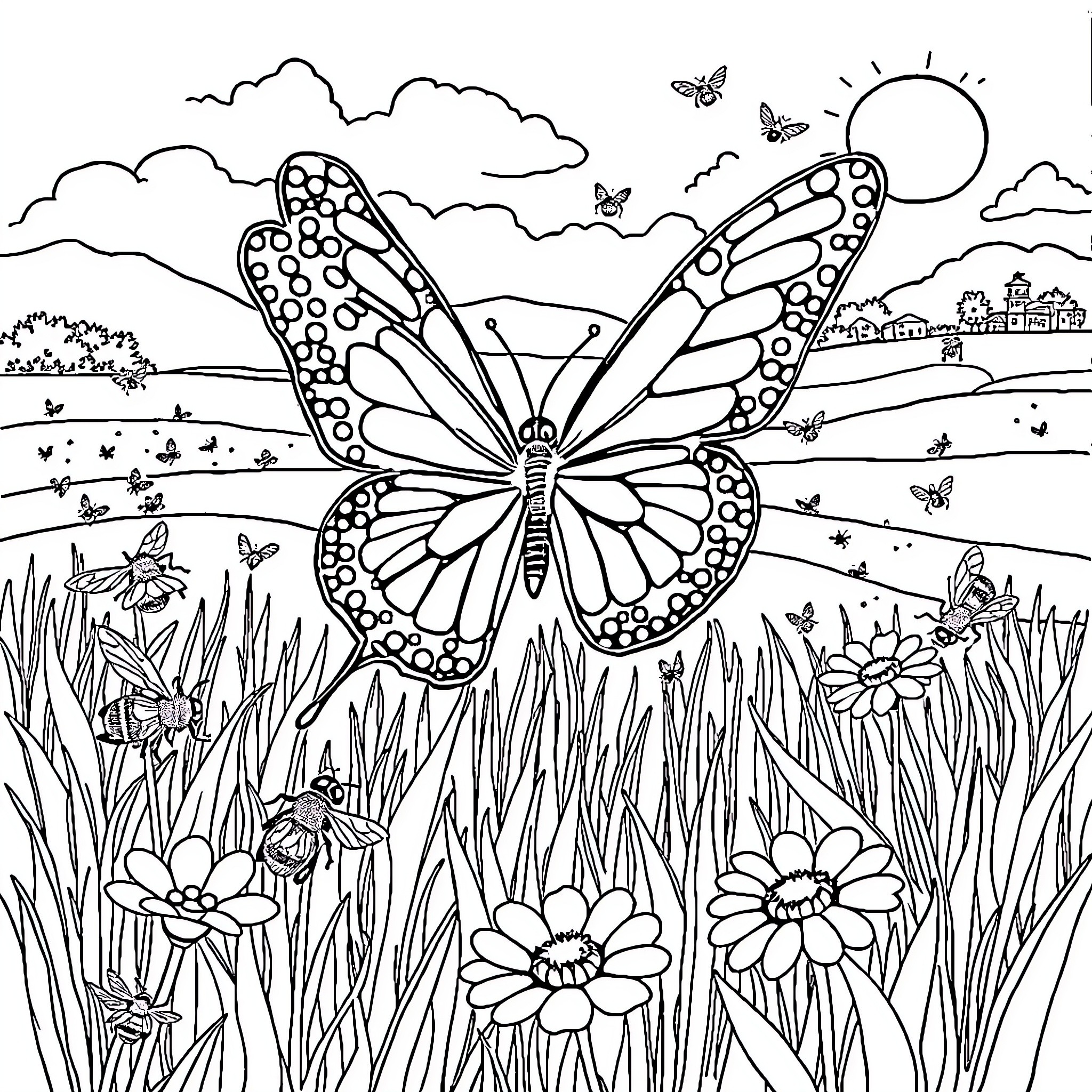Butterfly soaring in a scenic meadow Coloring Page (free black-and-white line drawing printable PDF for all, from beginners to advanced learners, including children, teens, adults, and seniors)
