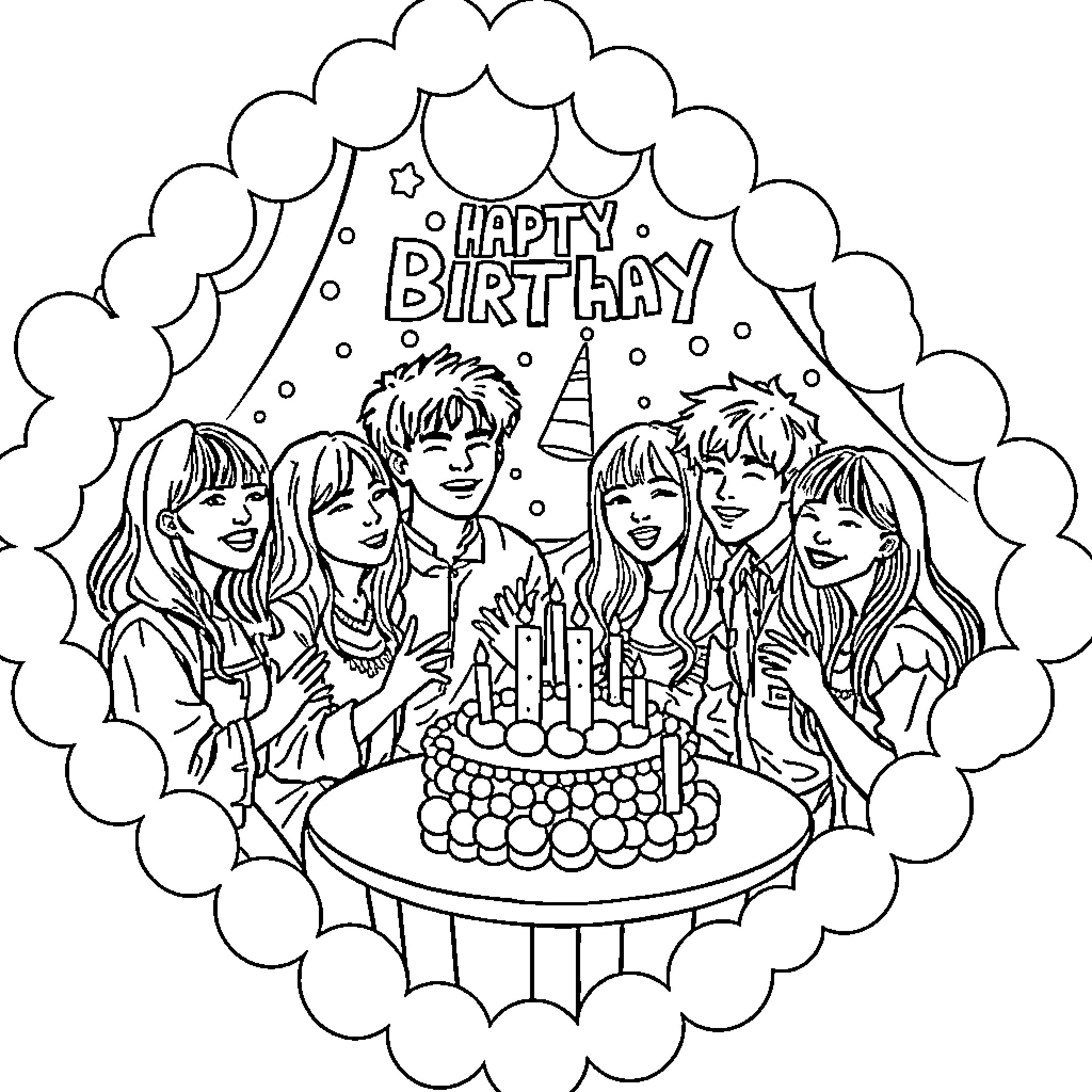 K-pop Hunter Celebrates with Friends at Birthday Party Coloring Page (free black-and-white line drawing printable PDF for all, from beginners to advanced learners, including children, teens, adults, and seniors)