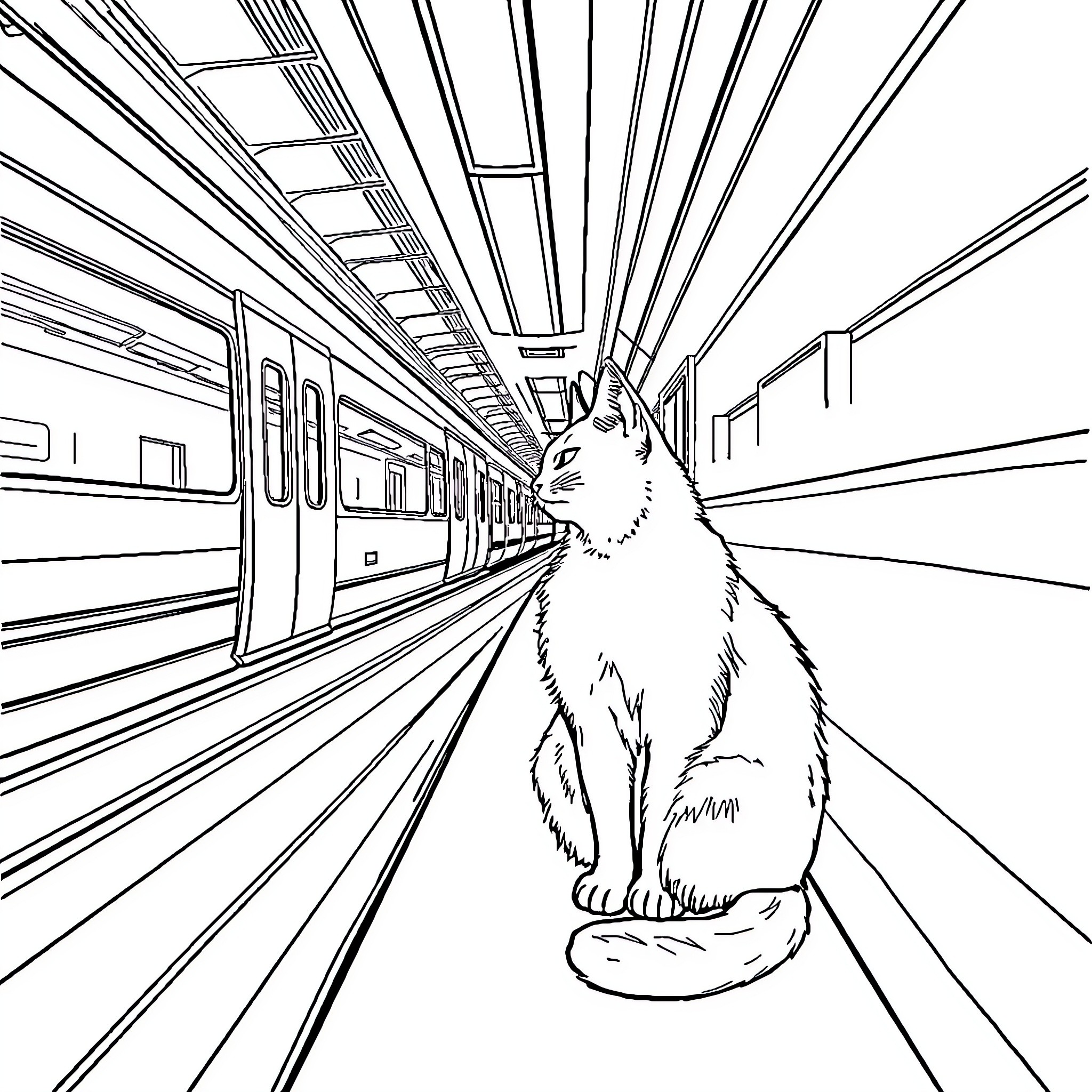 Cat observing a train station interior Coloring Page (free black-and-white line drawing printable PDF for all, from beginners to advanced learners, including children, teens, adults, and seniors)