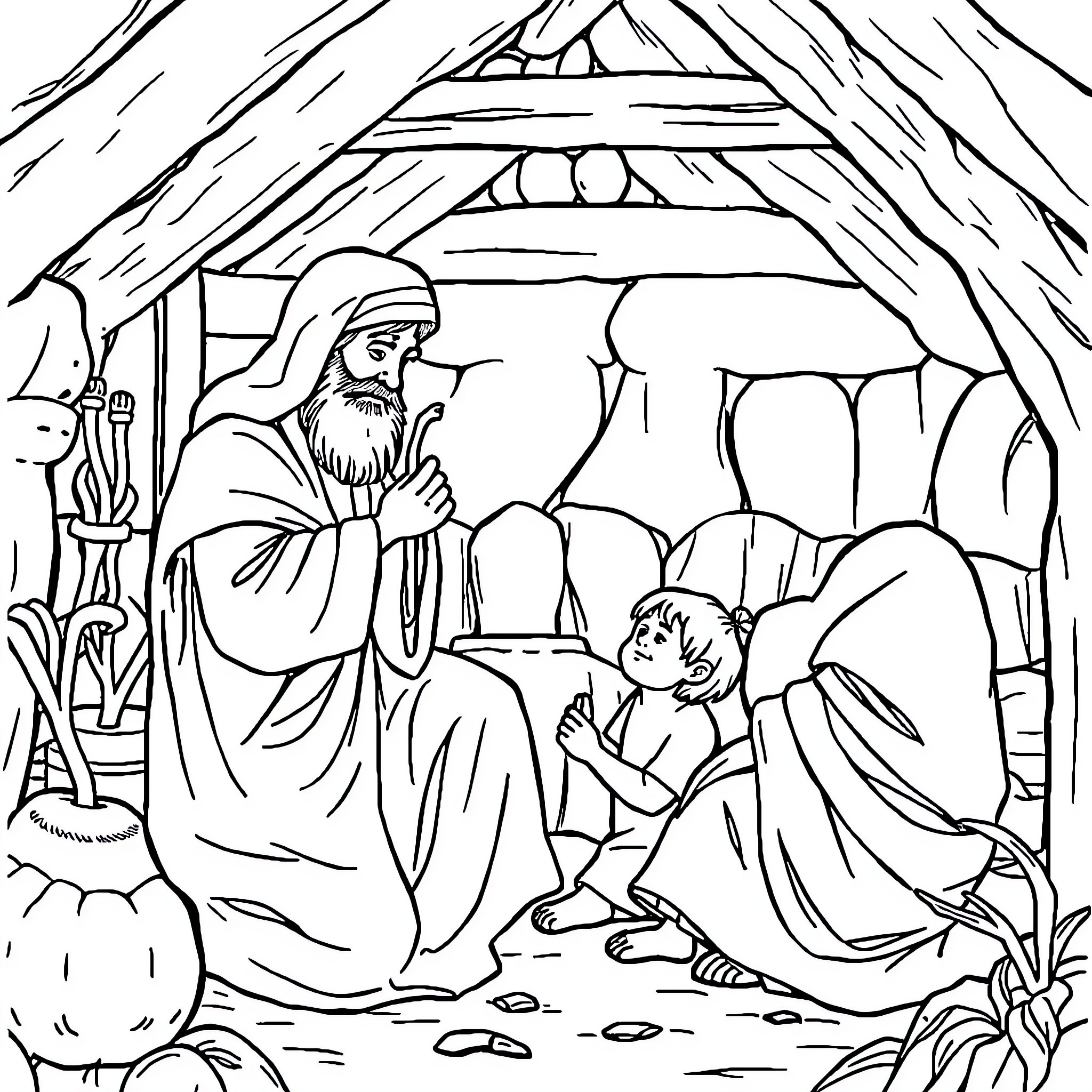 Biblical Stories of a Man in Contemplation and a Child Coloring Page (free black-and-white line drawing printable PDF for all, from beginners to advanced learners, including children, teens, adults, and seniors)