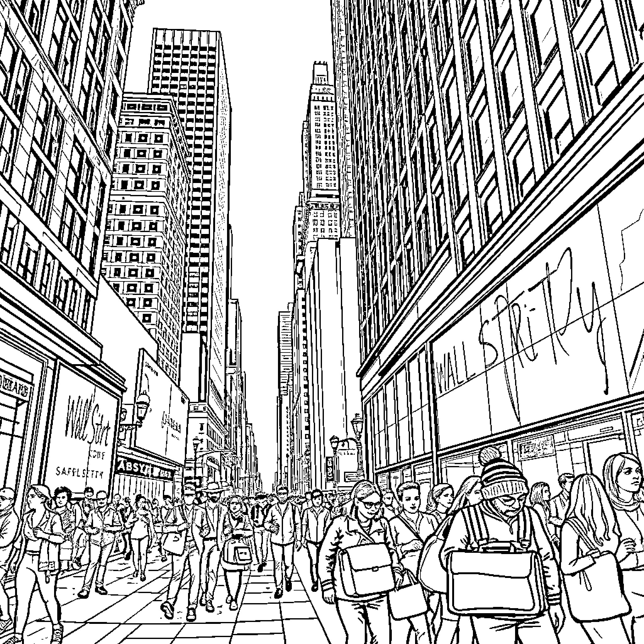 Wall Street Hustle: Crowds, Buildings, and Commotion Coloring Page (free black-and-white line drawing printable PDF for all, from beginners to advanced learners, including children, teens, adults, and seniors)