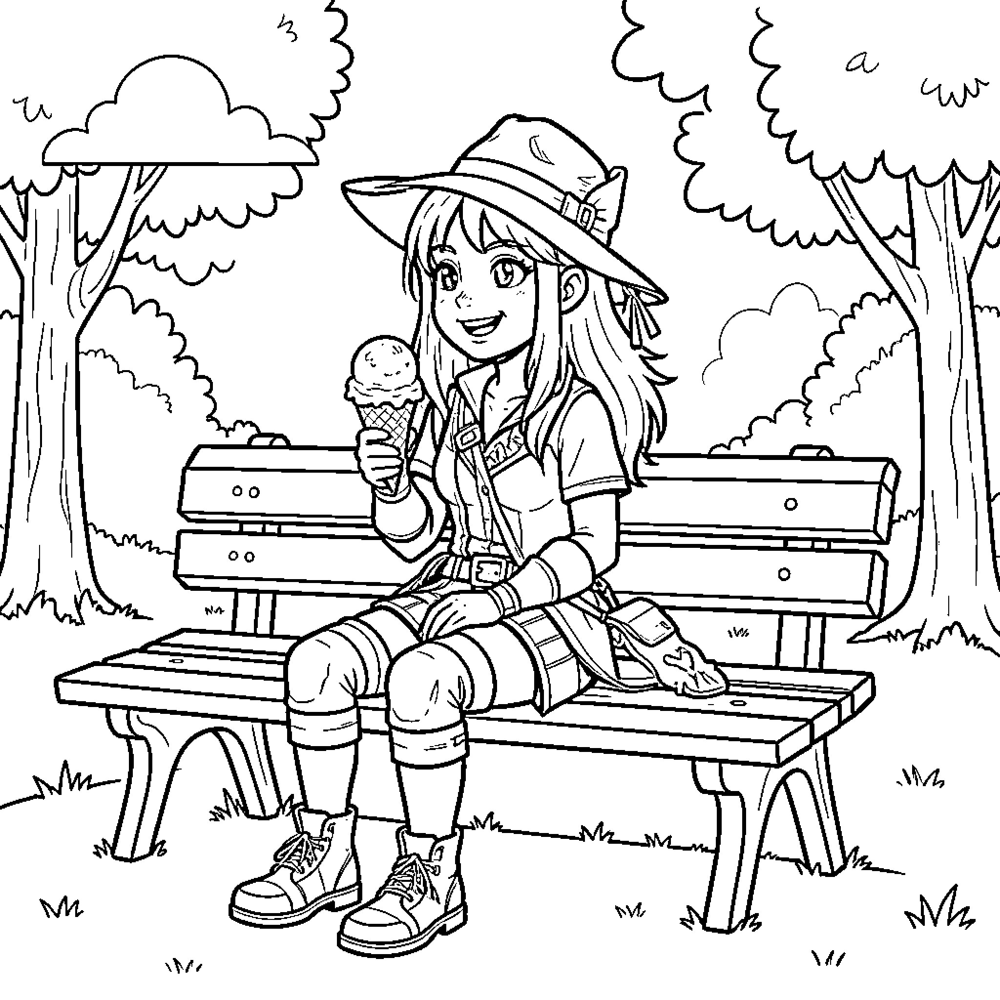Zoey sitting on a bench eating ice cream Coloring Page (free black-and-white line drawing printable PDF for all, from beginners to advanced learners, including children, teens, adults, and seniors)