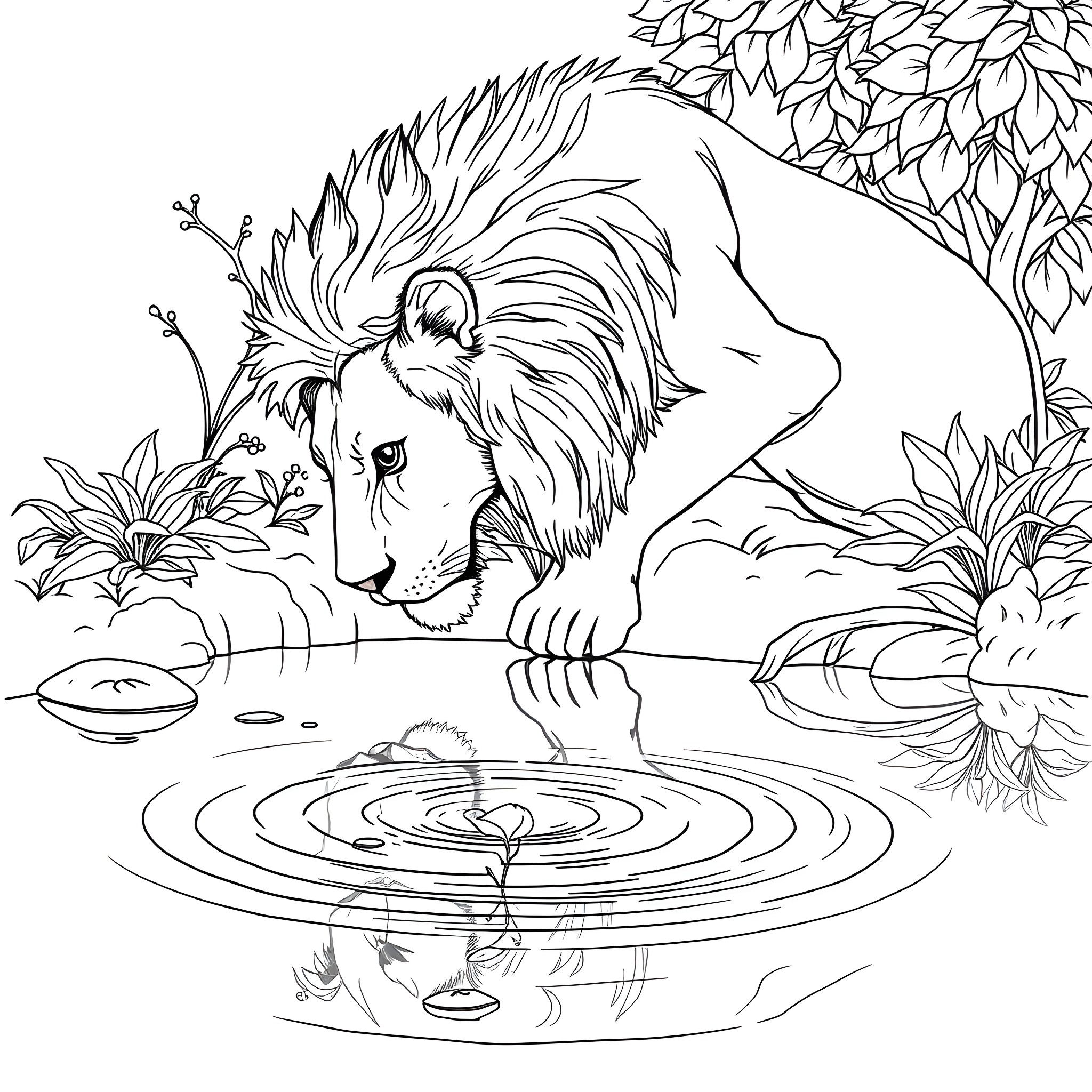 Lion drinking water from a pond surrounded by nature Coloring Page (free black-and-white line drawing printable PDF for all, from beginners to advanced learners, including children, teens, adults, and seniors)