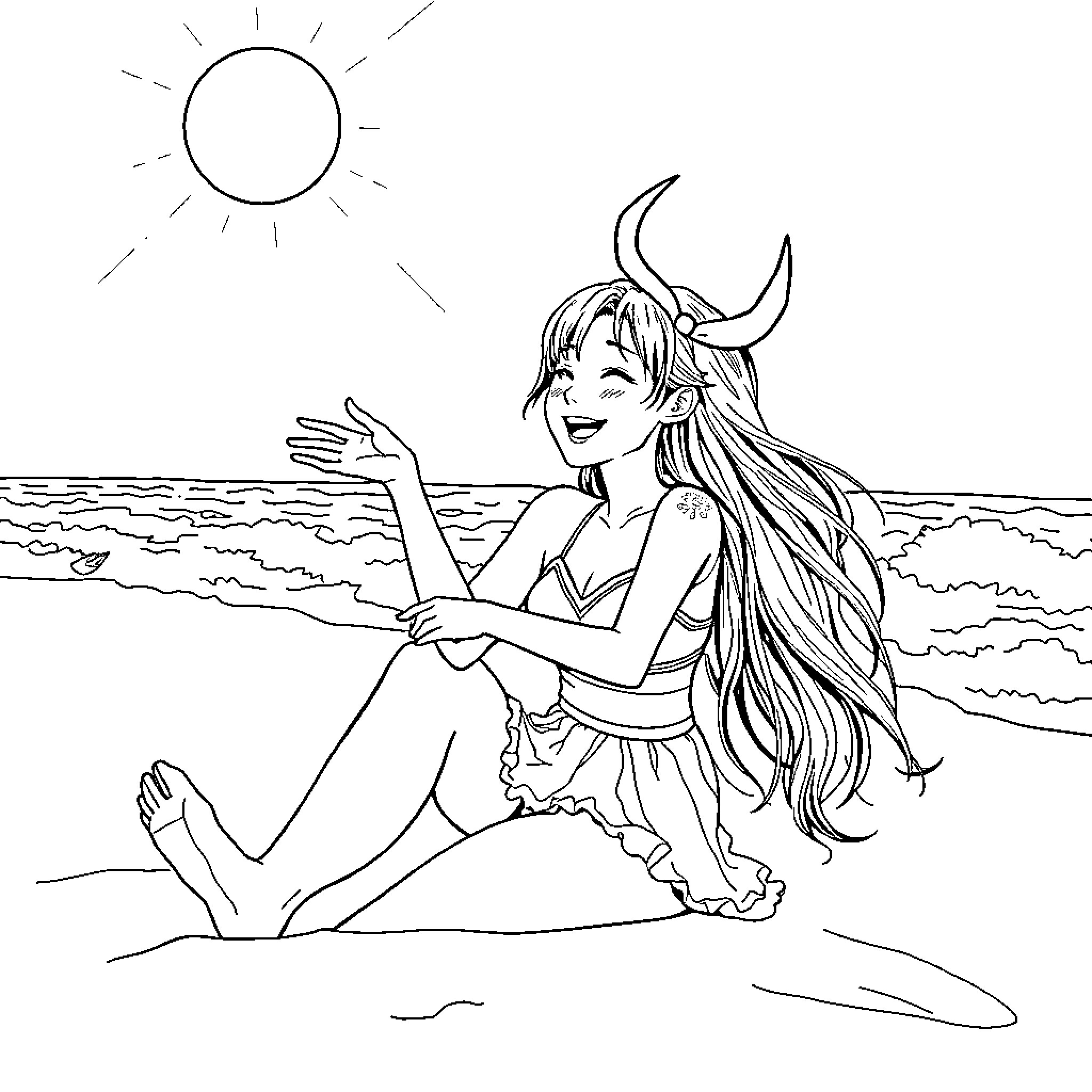 Rumi enjoying the beach under the sun Coloring Page (free black-and-white line drawing printable PDF for all, from beginners to advanced learners, including children, teens, adults, and seniors)