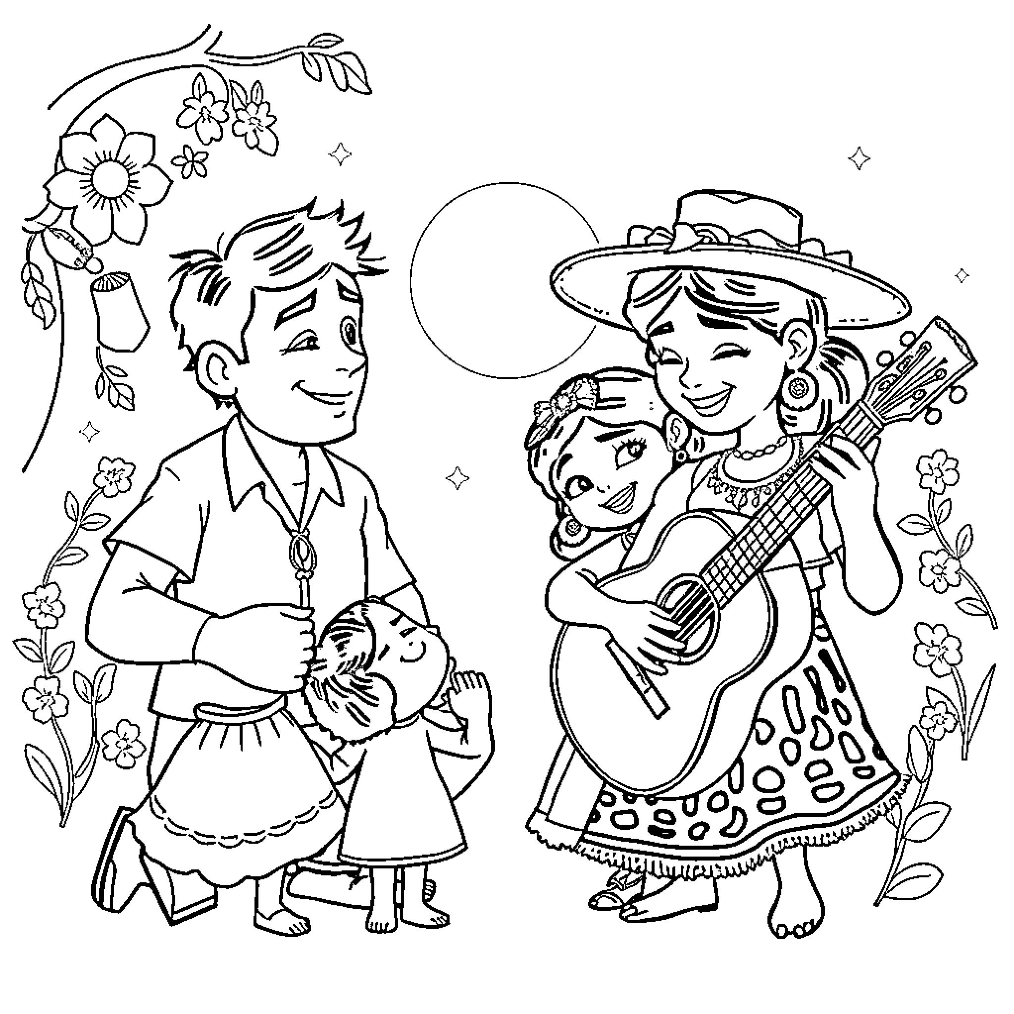 Coco - Family and Musicians in Festive Attire Coloring Page (free black-and-white line drawing printable PDF for all, from beginners to advanced learners, including children, teens, adults, and seniors)