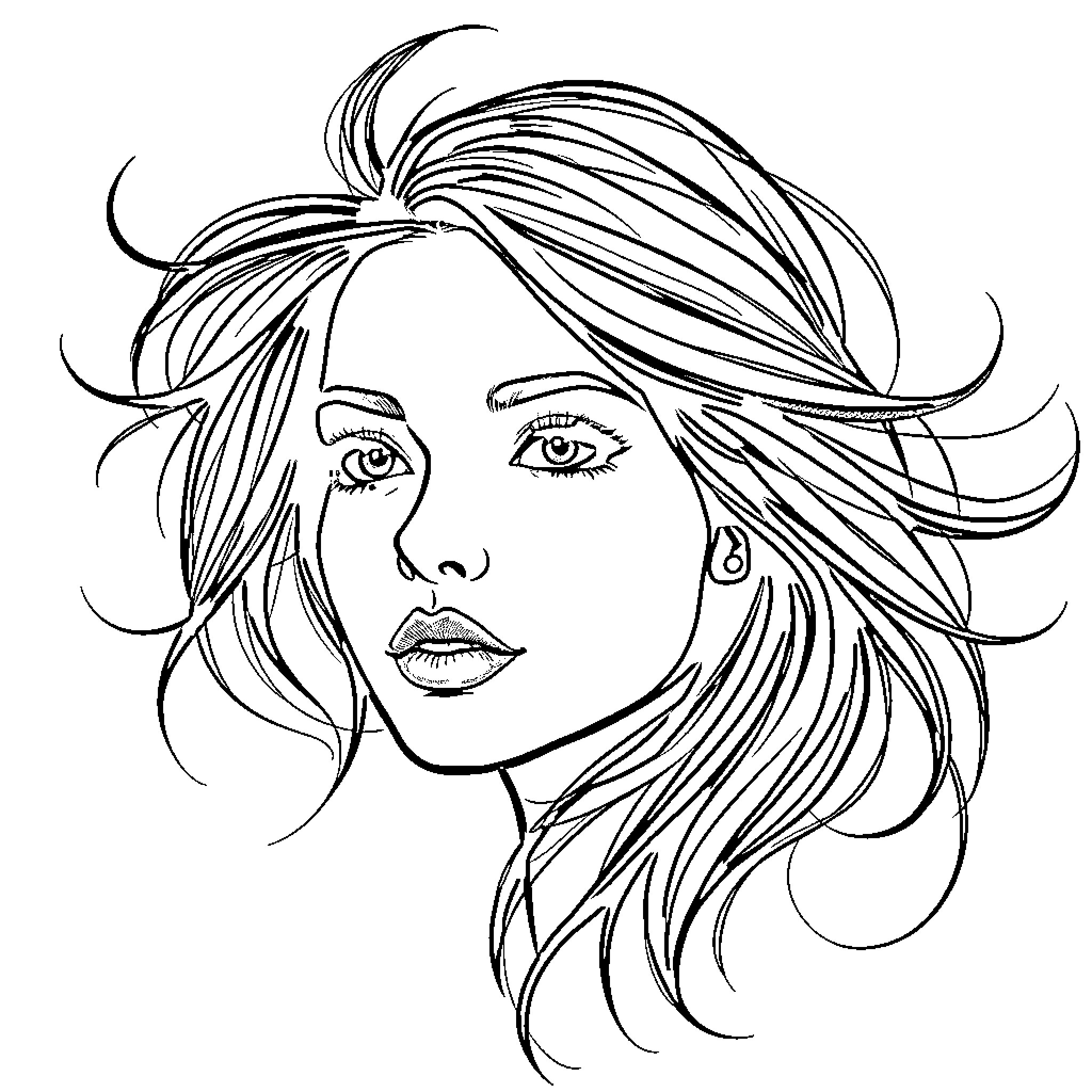 Woman with flowing hair and expressive features Coloring Page (free black-and-white line drawing printable PDF for all, from beginners to advanced learners, including children, teens, adults, and seniors)