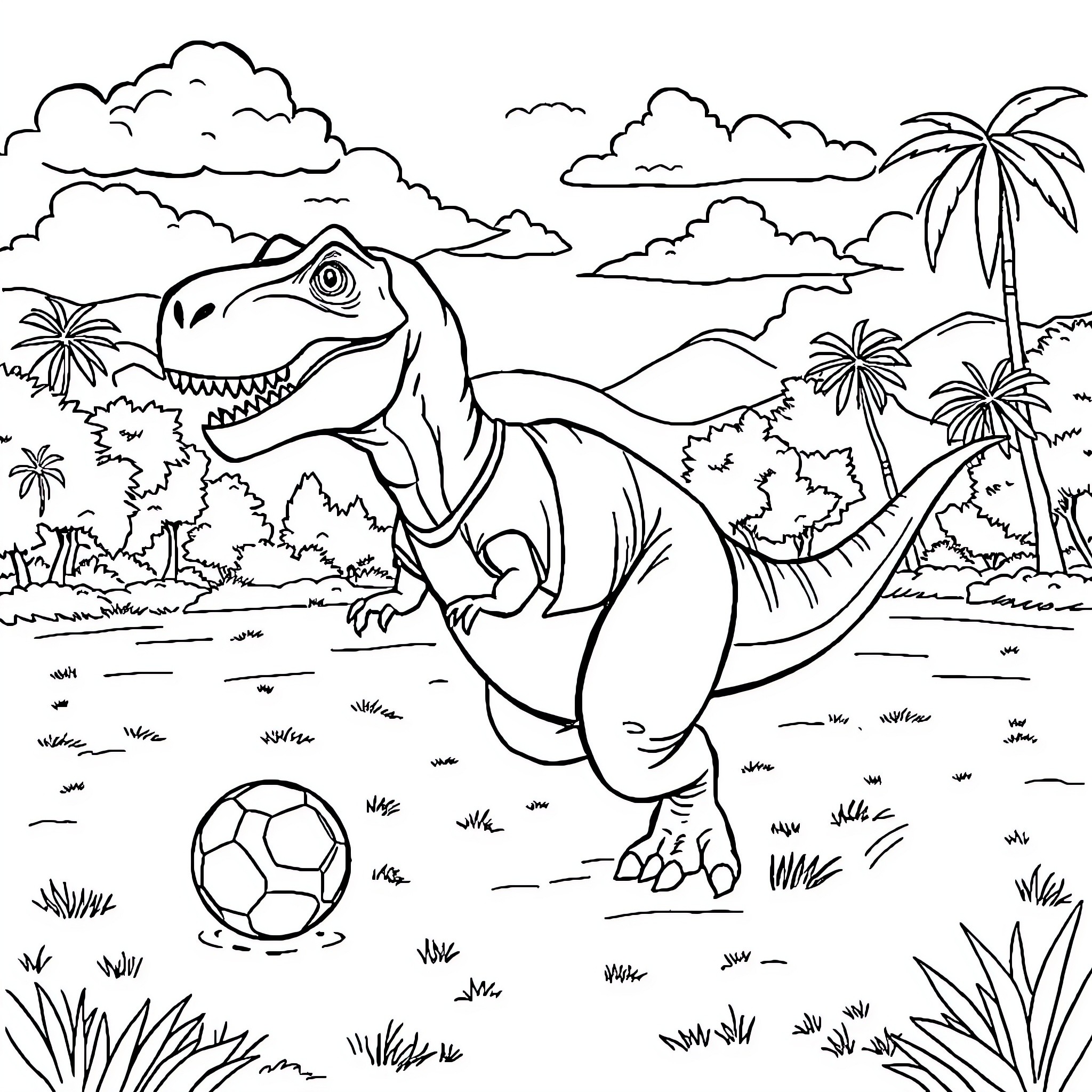 T-Rex playing with a soccer ball in a tropical landscape Coloring Page (free black-and-white line drawing printable PDF for all, from beginners to advanced learners, including children, teens, adults, and seniors)