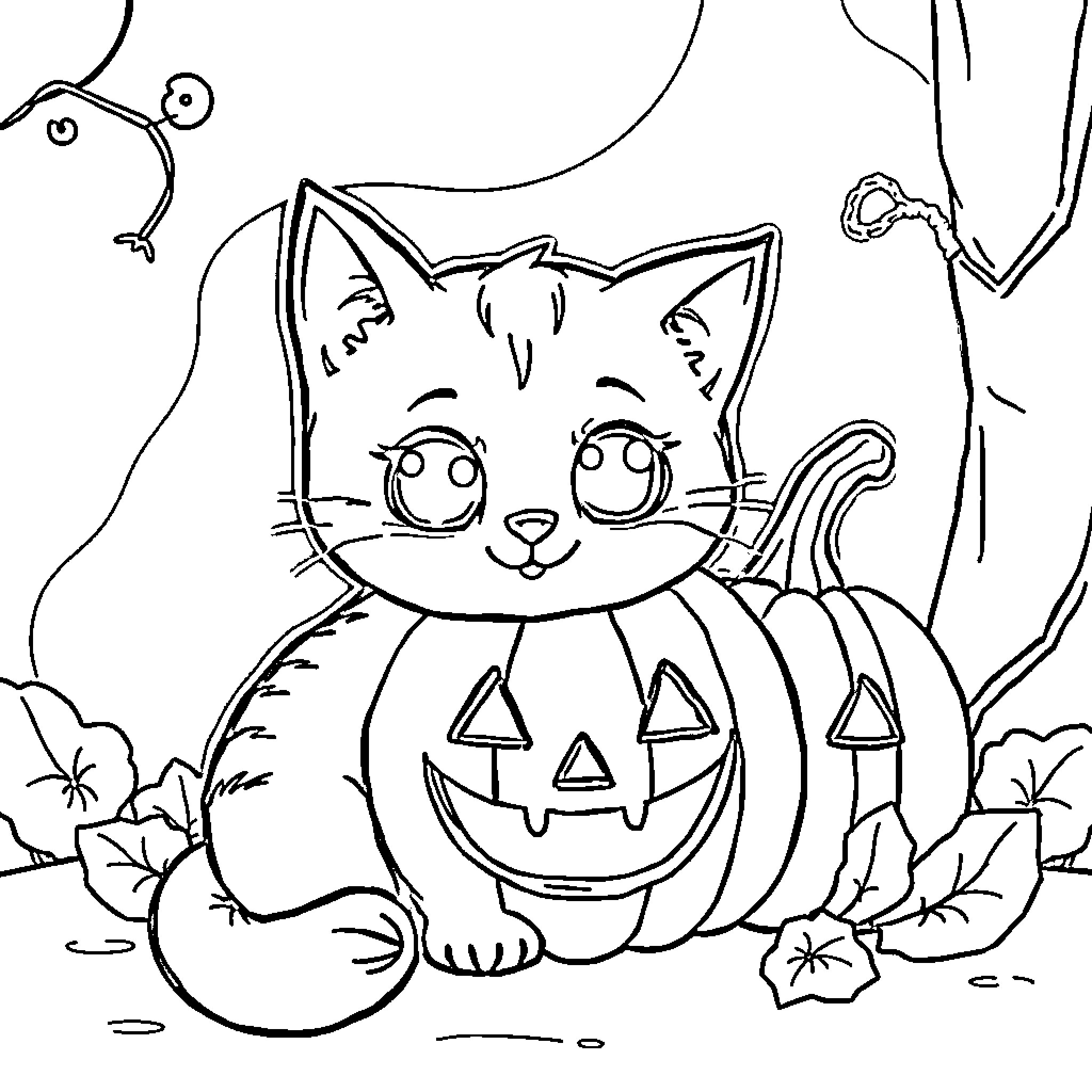 Cat in pumpkin costume in the woods Coloring Page (free black-and-white line drawing printable PDF for all, from beginners to advanced learners, including children, teens, adults, and seniors)