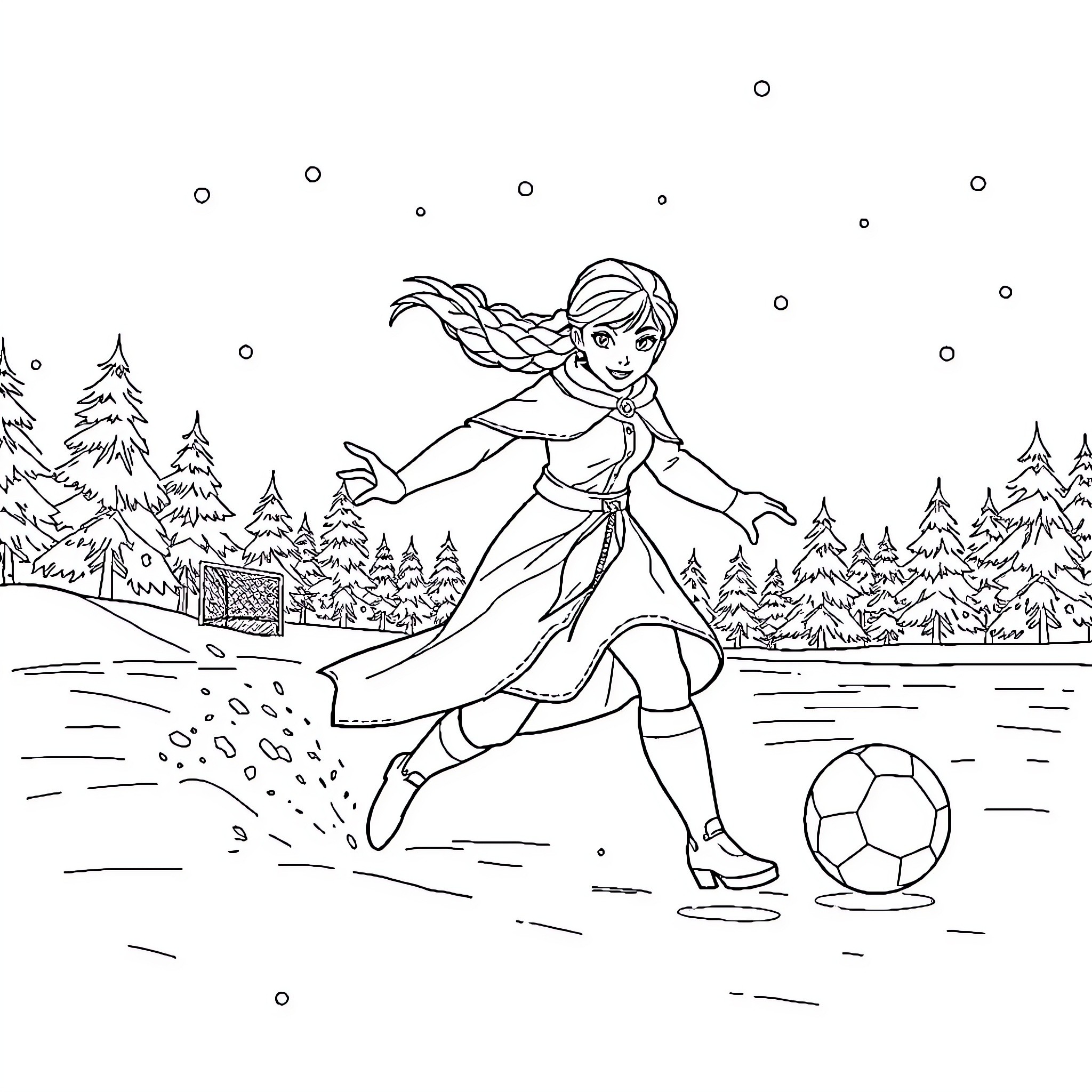 Queen playing soccer in the winter wonderland Coloring Page (free black-and-white line drawing printable PDF for all, from beginners to advanced learners, including children, teens, adults, and seniors)