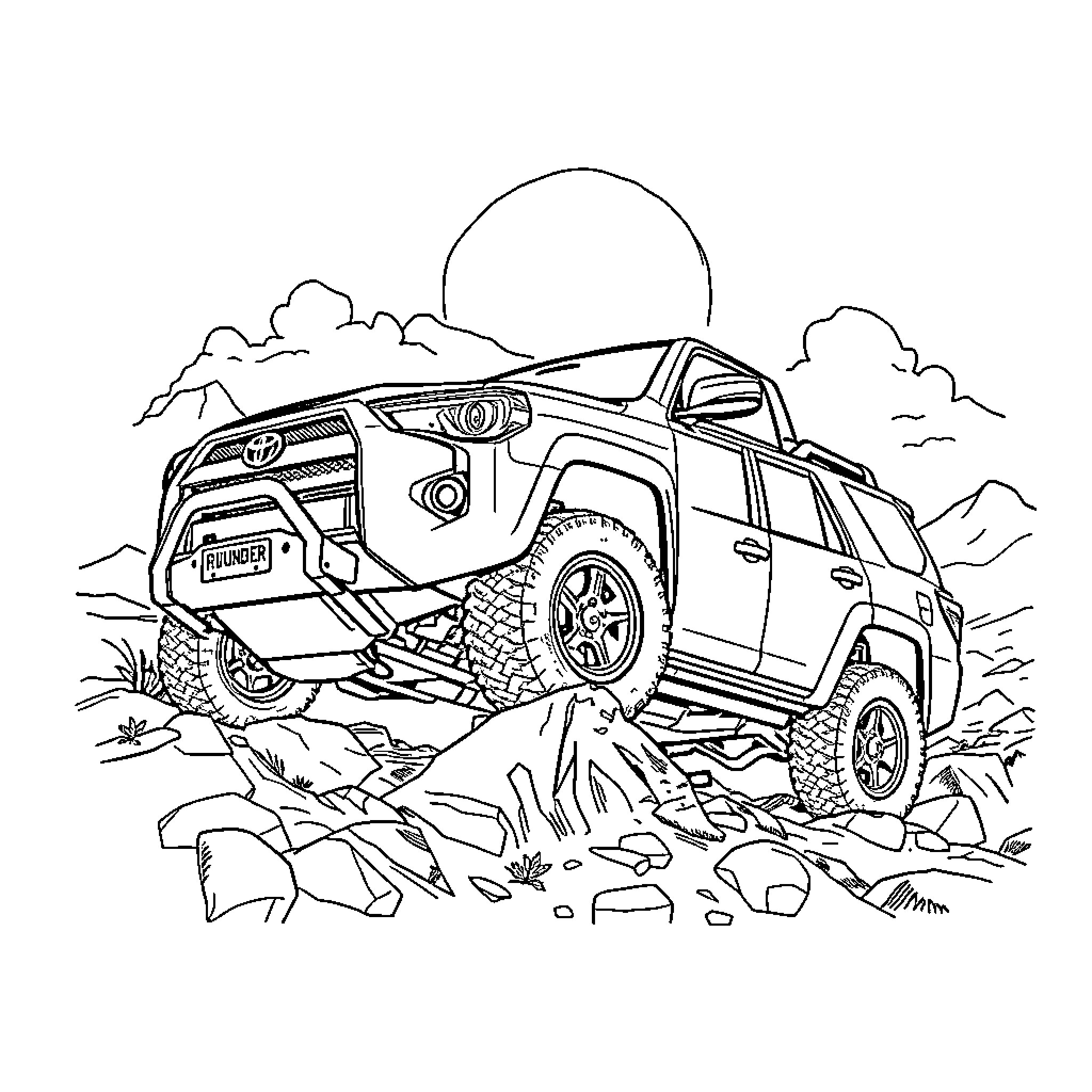 4runner off-roading in rugged terrain Coloring Page (free black-and-white line drawing printable PDF for all, from beginners to advanced learners, including children, teens, adults, and seniors)