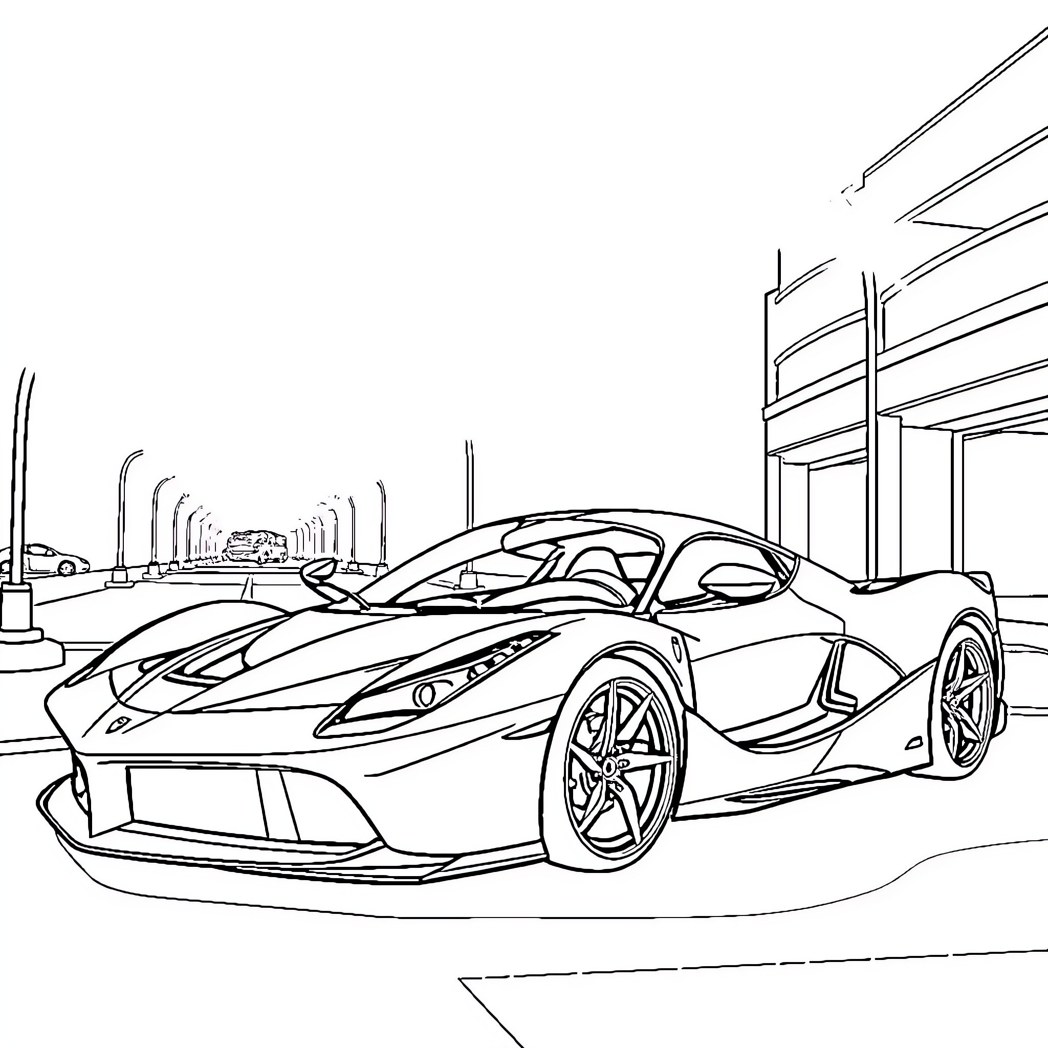 Ferrari supercar parked on city street Coloring Page (free black-and-white line drawing printable PDF for all, from beginners to advanced learners, including children, teens, adults, and seniors)