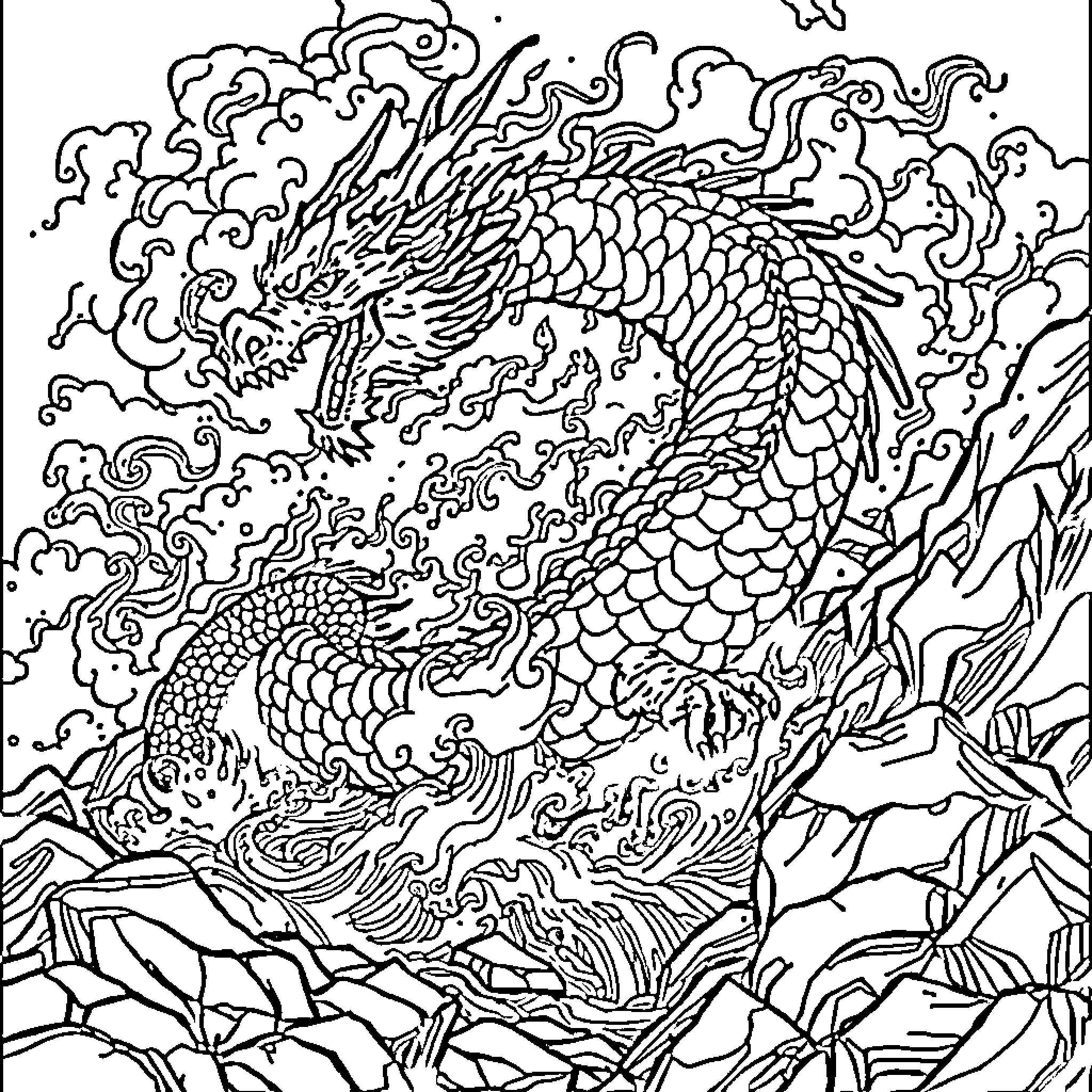 Dragon breathing fire amidst swirling clouds and waves Coloring Page (free black-and-white line drawing printable PDF for all, from beginners to advanced learners, including children, teens, adults, and seniors)