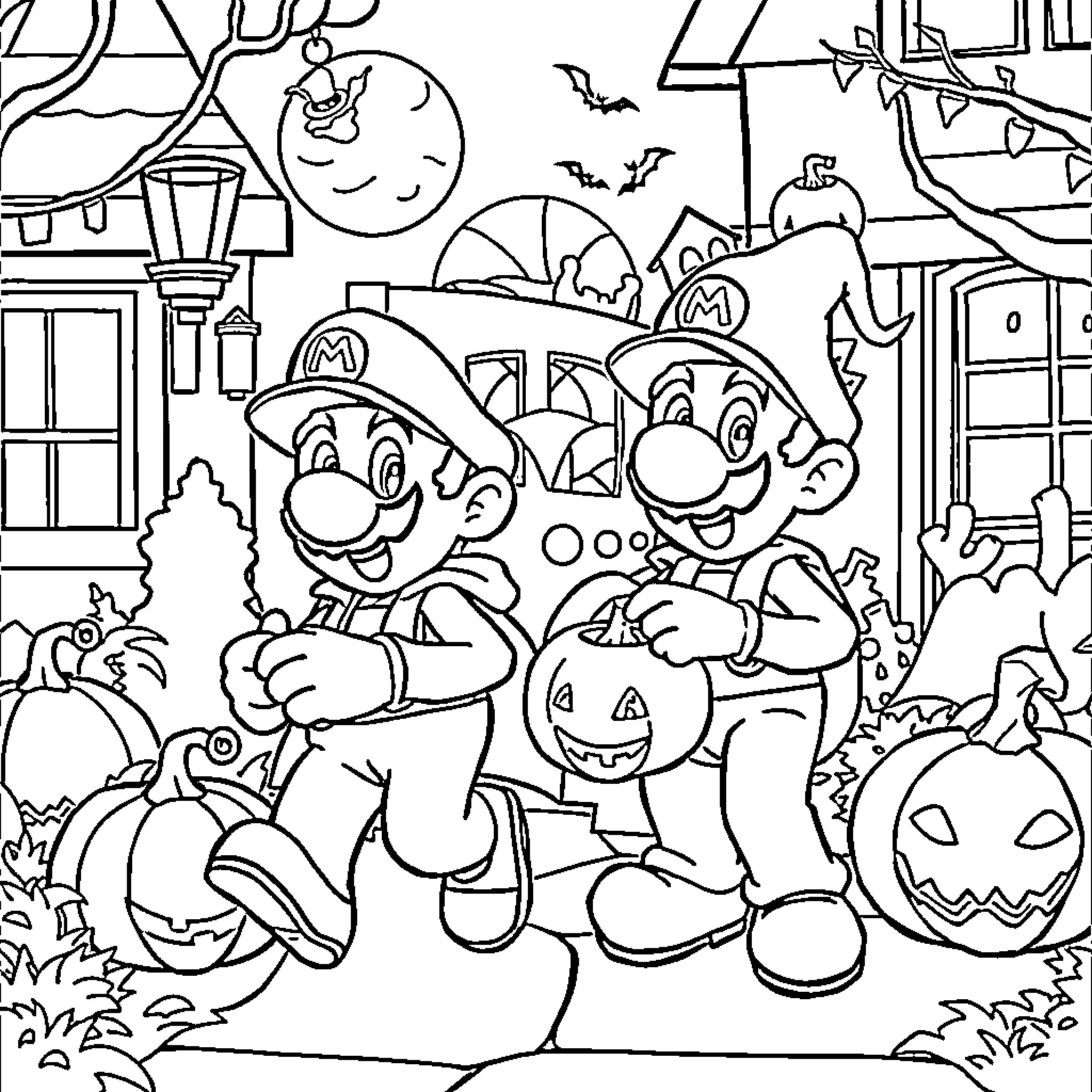 Mario and Luigi's Spooky Halloween Adventure Coloring Page (free black-and-white line drawing printable PDF for all, from beginners to advanced learners, including children, teens, adults, and seniors)