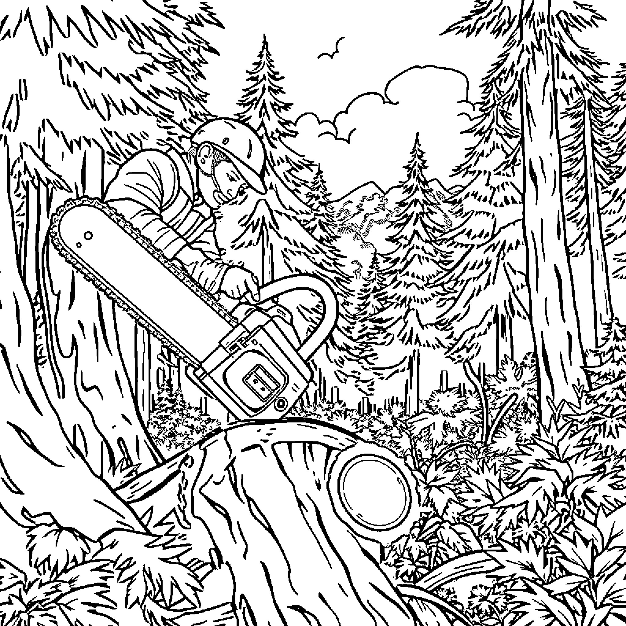 Chainsaw carving in the forest wilderness Coloring Page (free black-and-white line drawing printable PDF for all, from beginners to advanced learners, including children, teens, adults, and seniors)