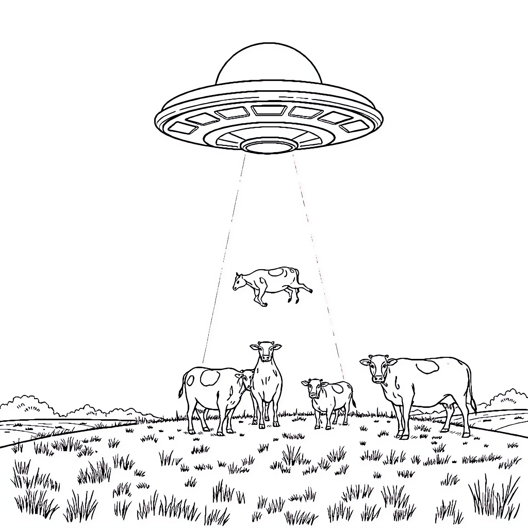 UFO Abducting Livestock from Rural Pasture Coloring Page (free black-and-white line drawing printable PDF for all, from beginners to advanced learners, including children, teens, adults, and seniors)