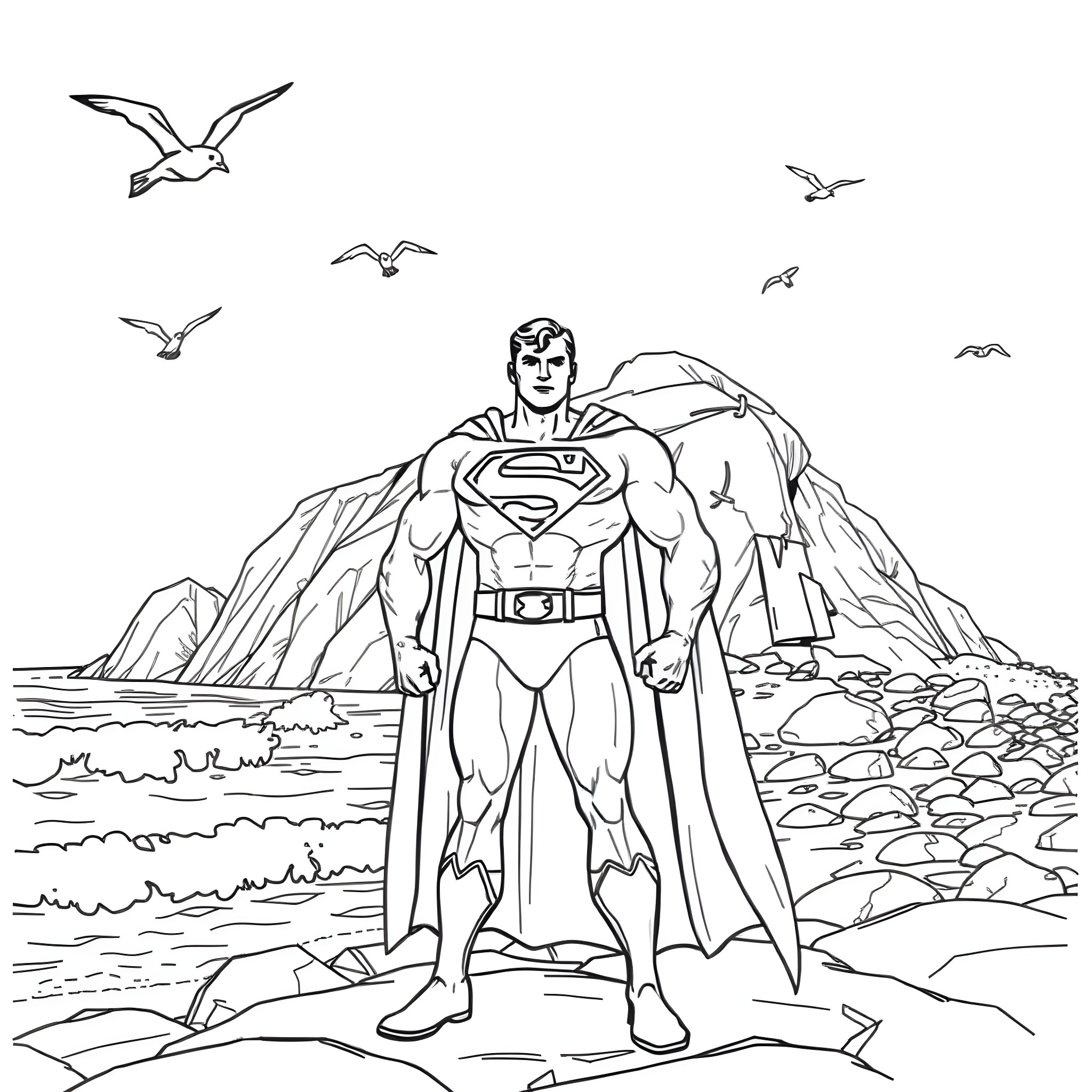 Superman standing tall in a rocky landscape Coloring Page (free black-and-white line drawing printable PDF for all, from beginners to advanced learners, including children, teens, adults, and seniors)