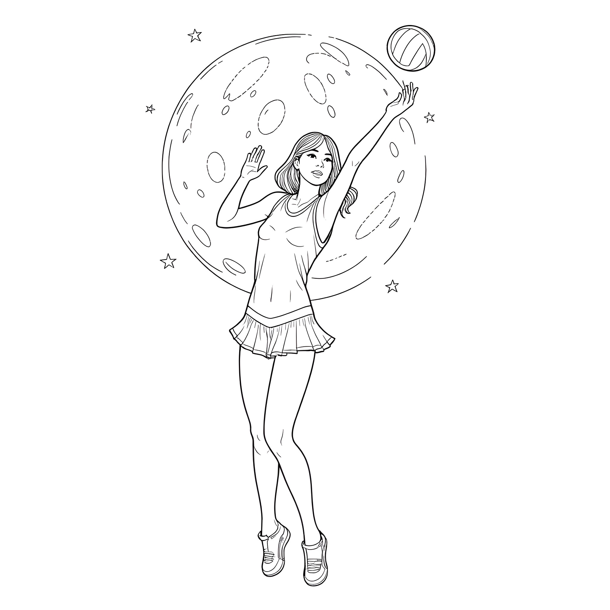 Miss Thailand Performing Joyful Dance Under the Starry Night Coloring Page (free black-and-white line drawing printable PDF for all, from beginners to advanced learners, including children, teens, adults, and seniors)