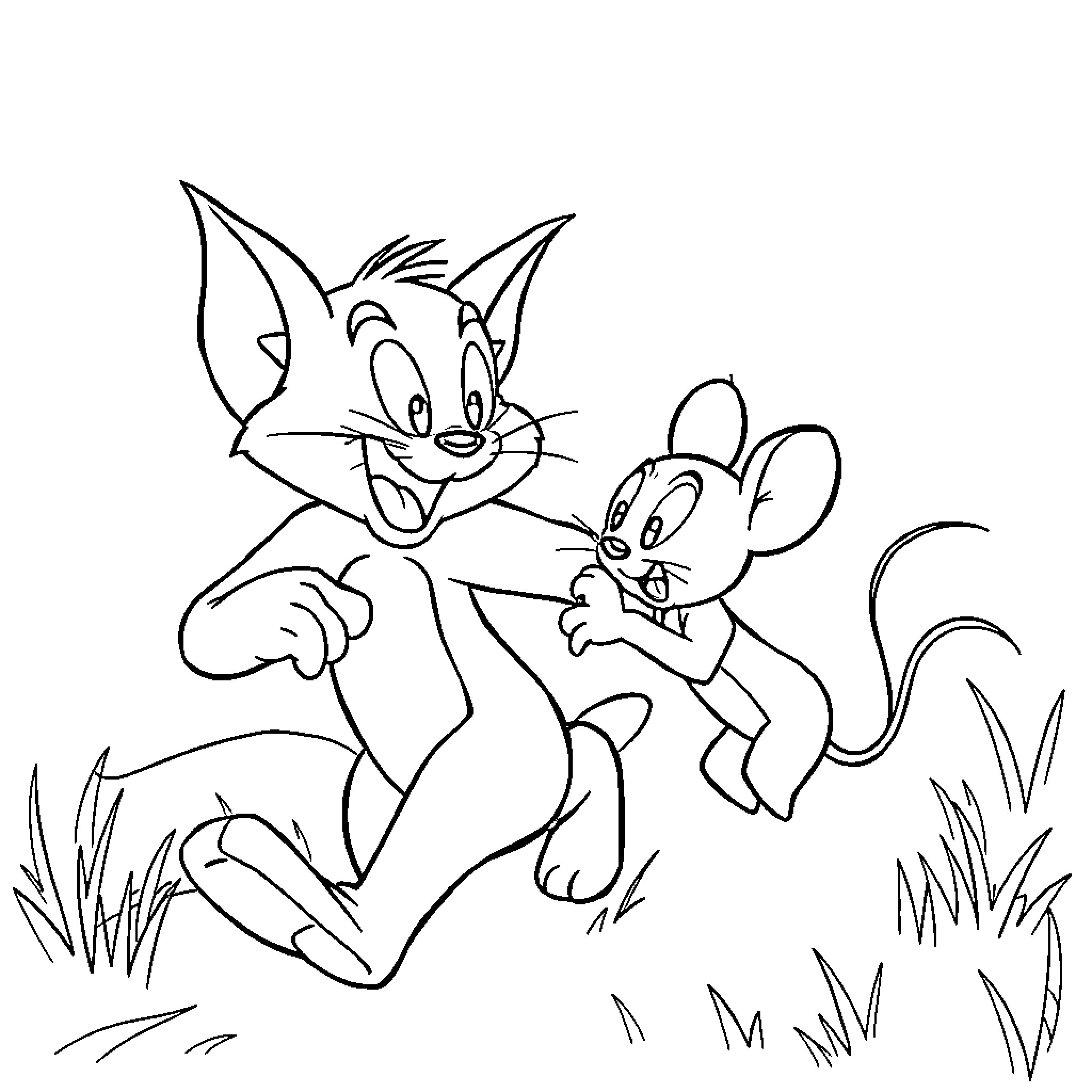 Tom and Jerry chasing each other playfully Coloring Page (free black-and-white line drawing printable PDF for all, from beginners to advanced learners, including children, teens, adults, and seniors)