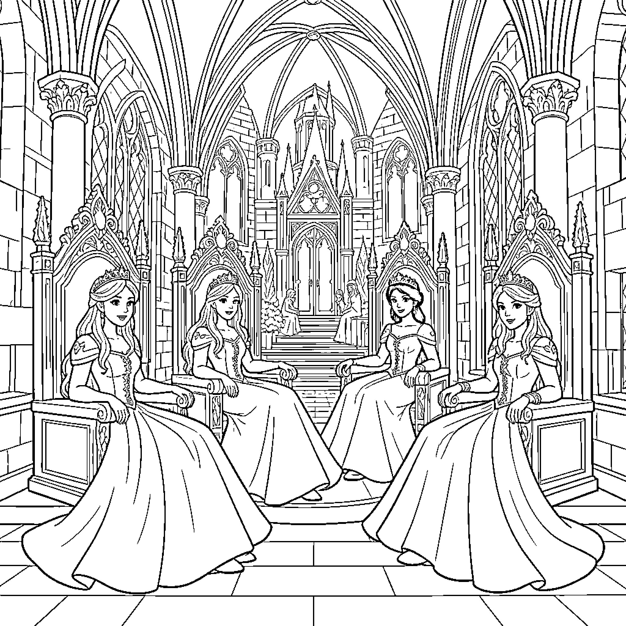 Princesses sitting gracefully on thrones in a castle Coloring Page (free black-and-white line drawing printable PDF for all, from beginners to advanced learners, including children, teens, adults, and seniors)
