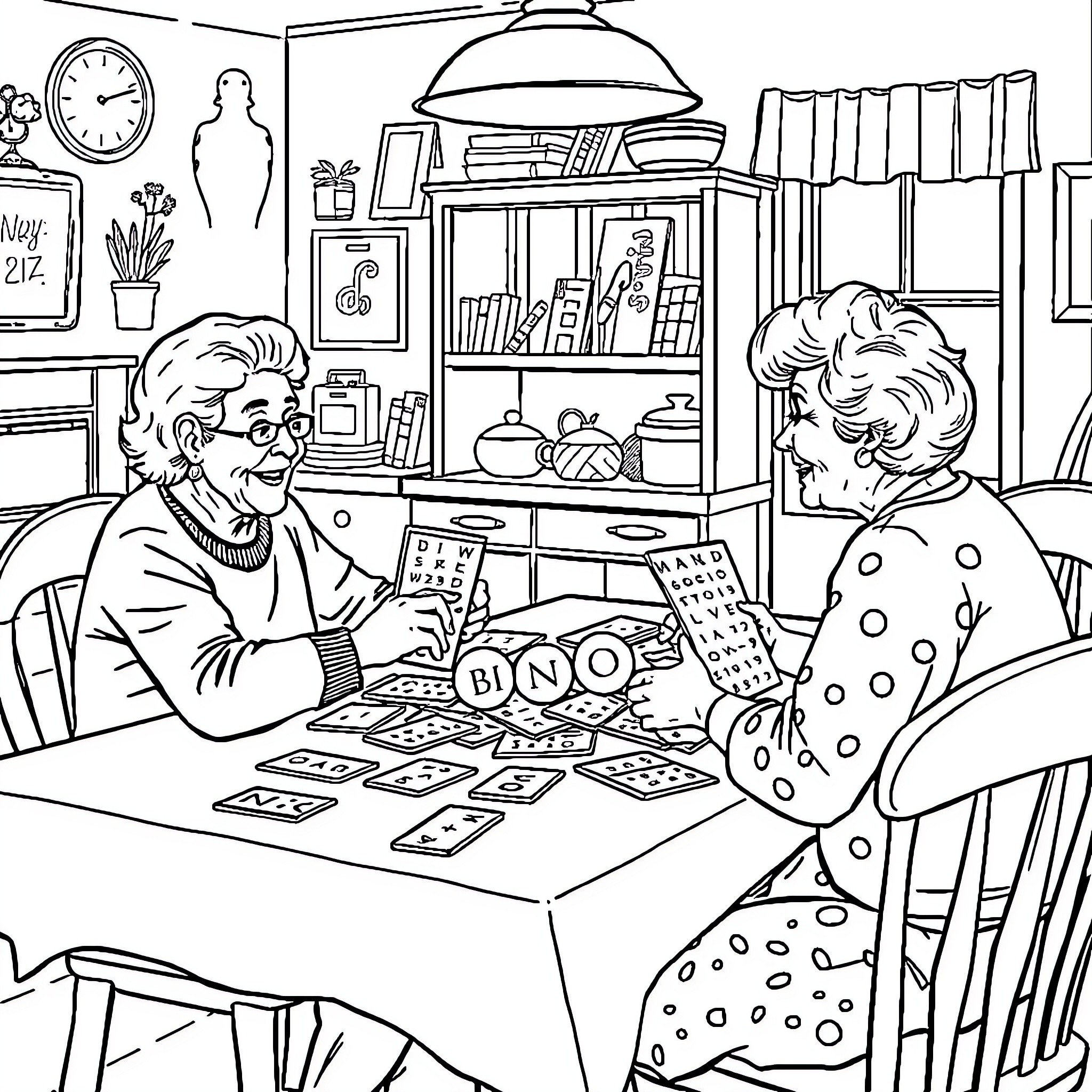 Bingo Night Excitement at the Senior Center Coloring Page (free black-and-white line drawing printable PDF for all, from beginners to advanced learners, including children, teens, adults, and seniors)