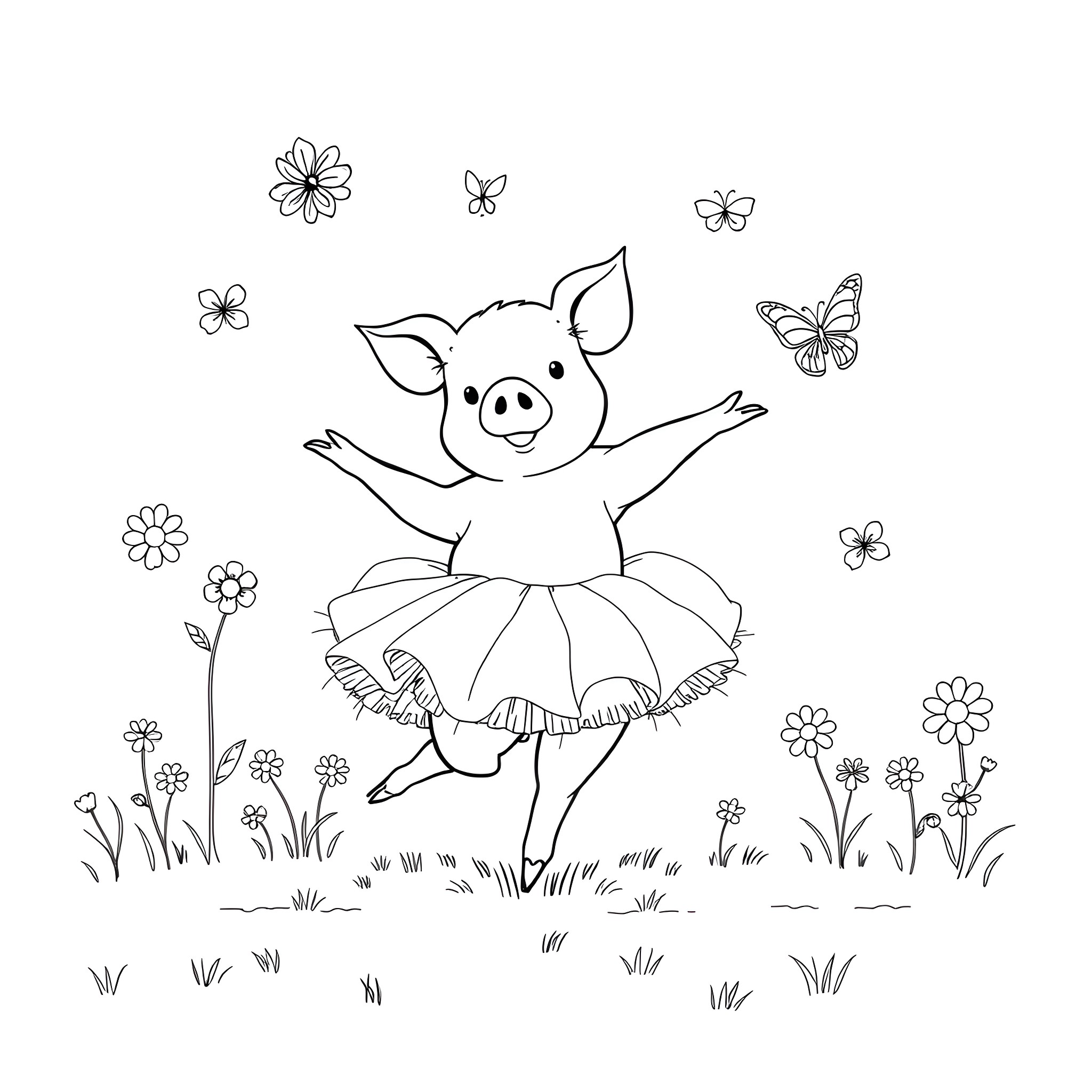 Pig dancing joyfully with butterflies in meadow Coloring Page (free black-and-white line drawing printable PDF for all, from beginners to advanced learners, including children, teens, adults, and seniors)