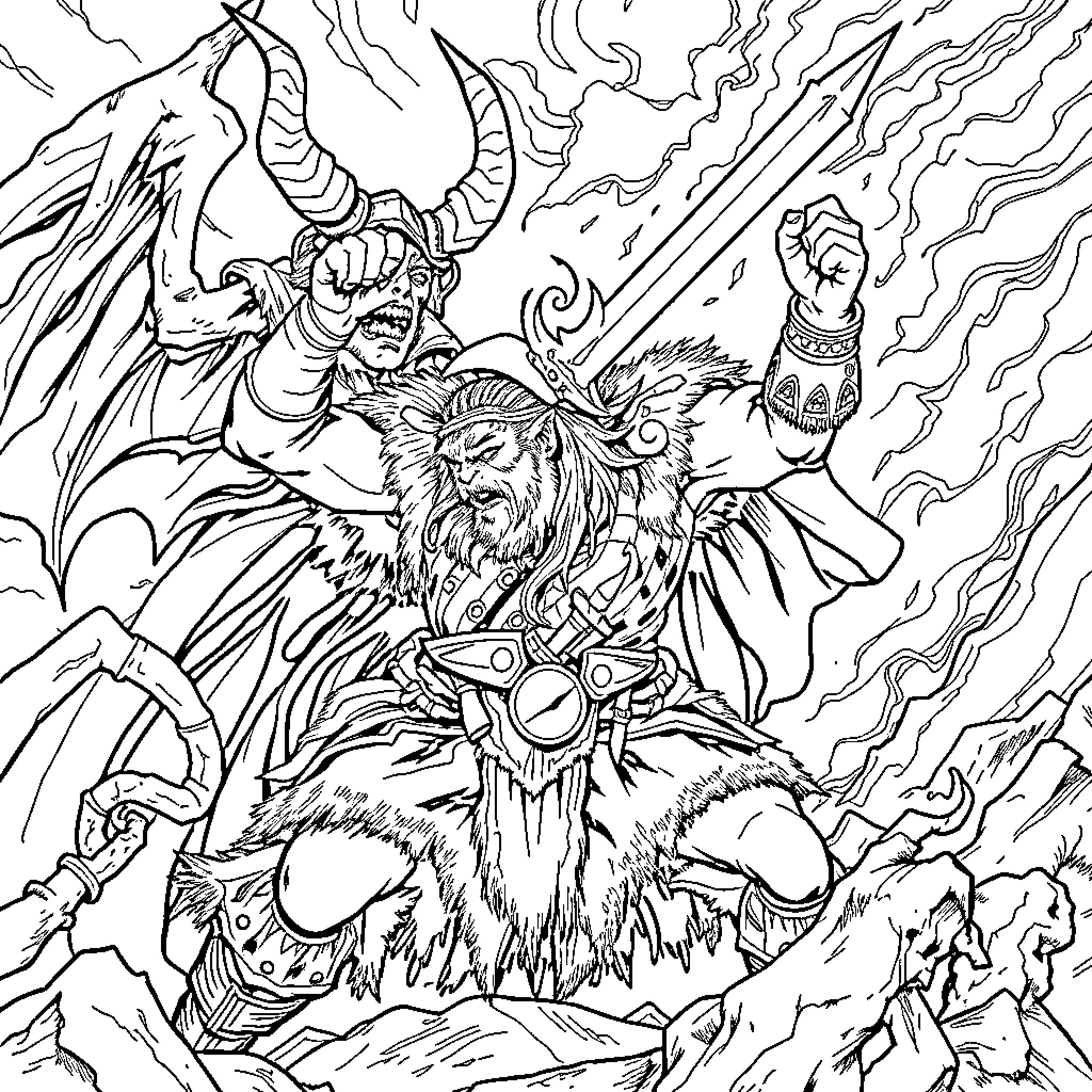 Viking warrior battles fierce mythical creatures Coloring Page (free black-and-white line drawing printable PDF for all, from beginners to advanced learners, including children, teens, adults, and seniors)