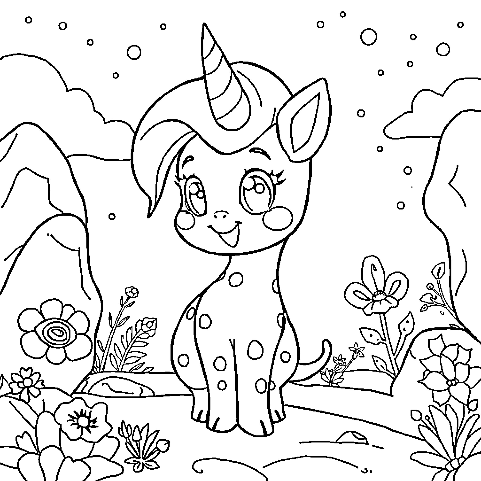 Uniqua's Fantastical Unicorn Adventure Coloring Page (free black-and-white line drawing printable PDF for all, from beginners to advanced learners, including children, teens, adults, and seniors)