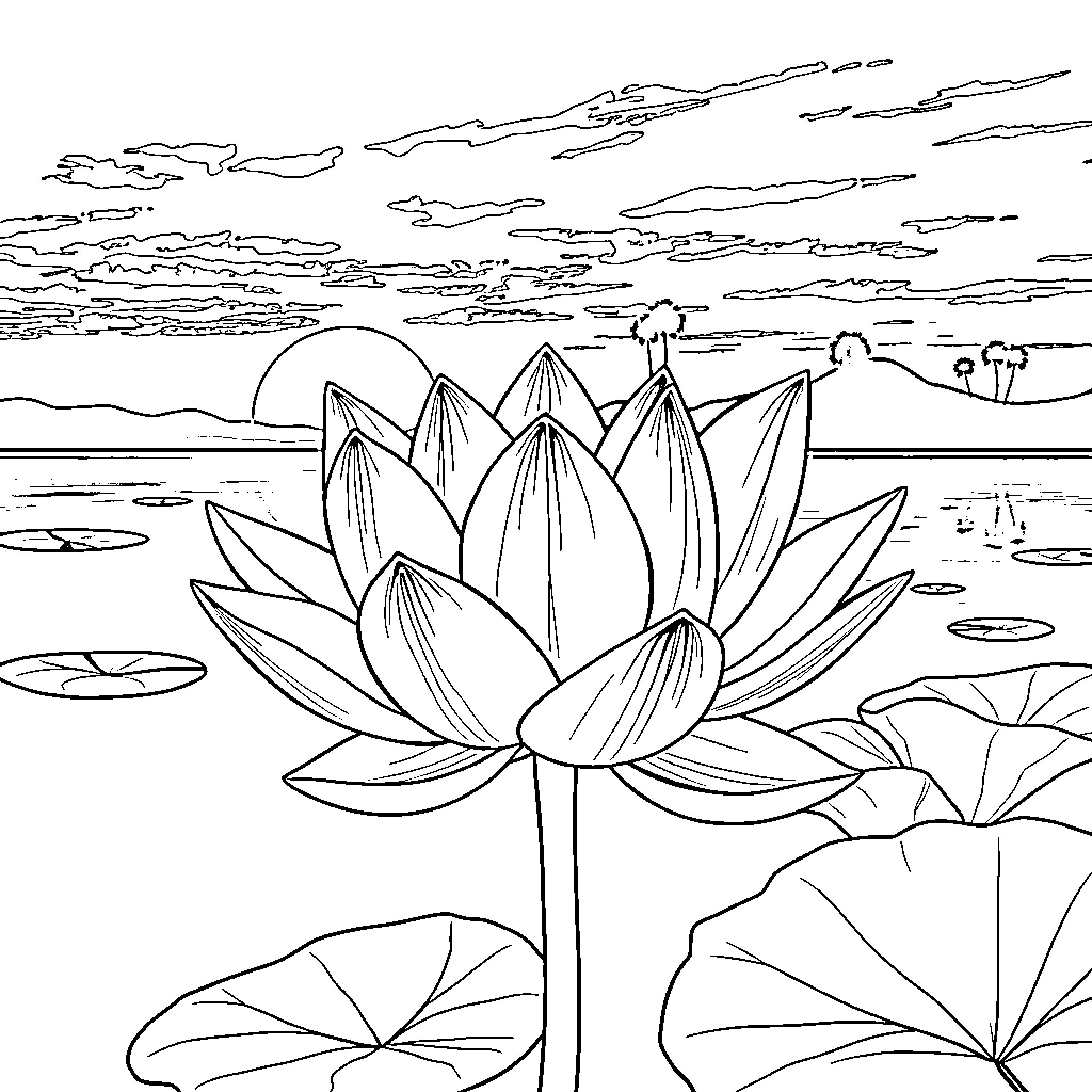Lotus Flowers Blooming in Serene Landscape Coloring Page (free black-and-white line drawing printable PDF for all, from beginners to advanced learners, including children, teens, adults, and seniors)