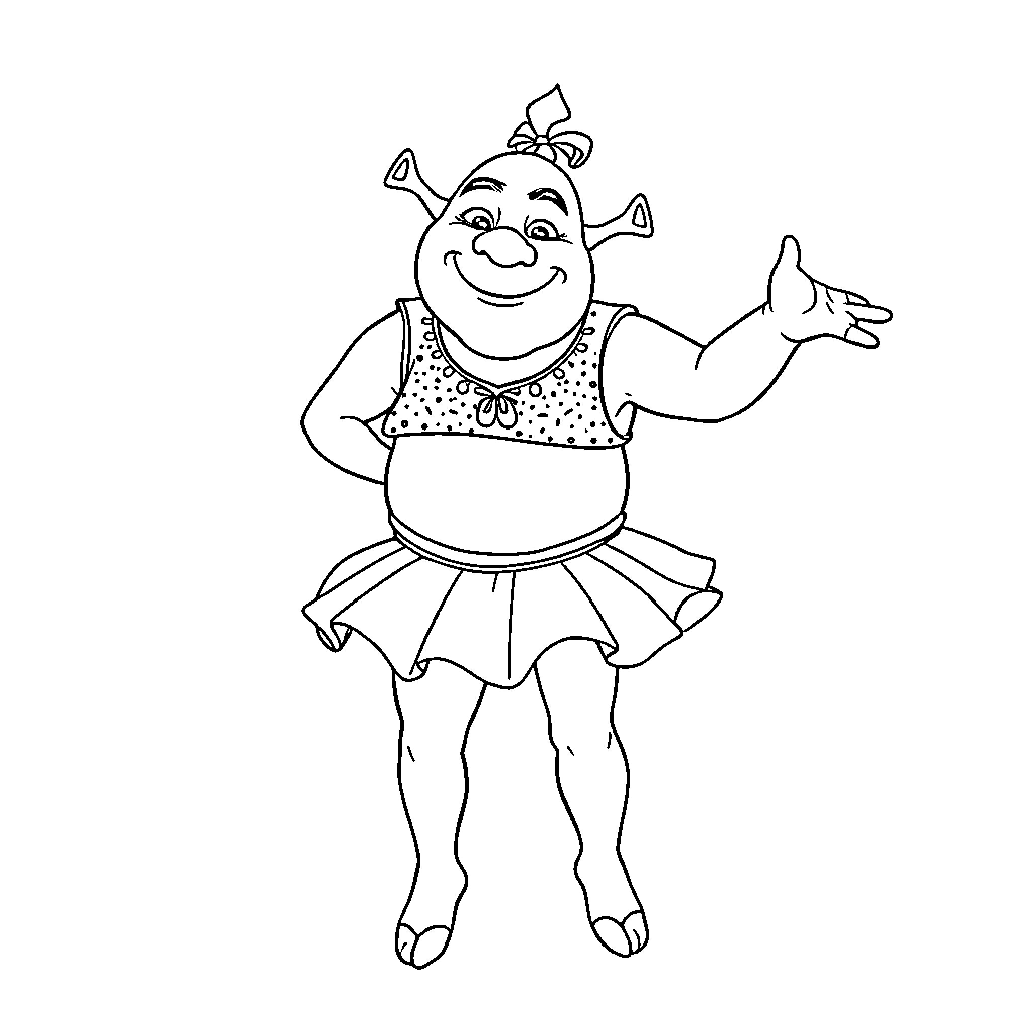 Shrek joyfully dancing in polka dot outfit Coloring Page (free black-and-white line drawing printable PDF for all, from beginners to advanced learners, including children, teens, adults, and seniors)