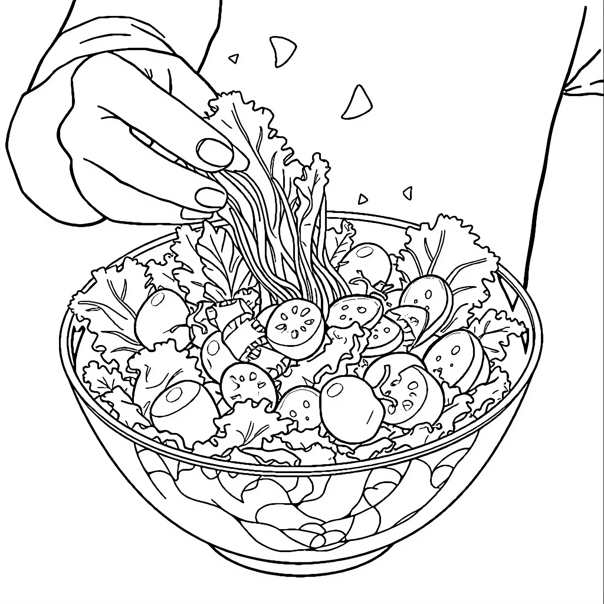 Salad Bowl with Fresh Greens and Vegetables Coloring Page (free black-and-white line drawing printable PDF for all, from beginners to advanced learners, including children, teens, adults, and seniors)