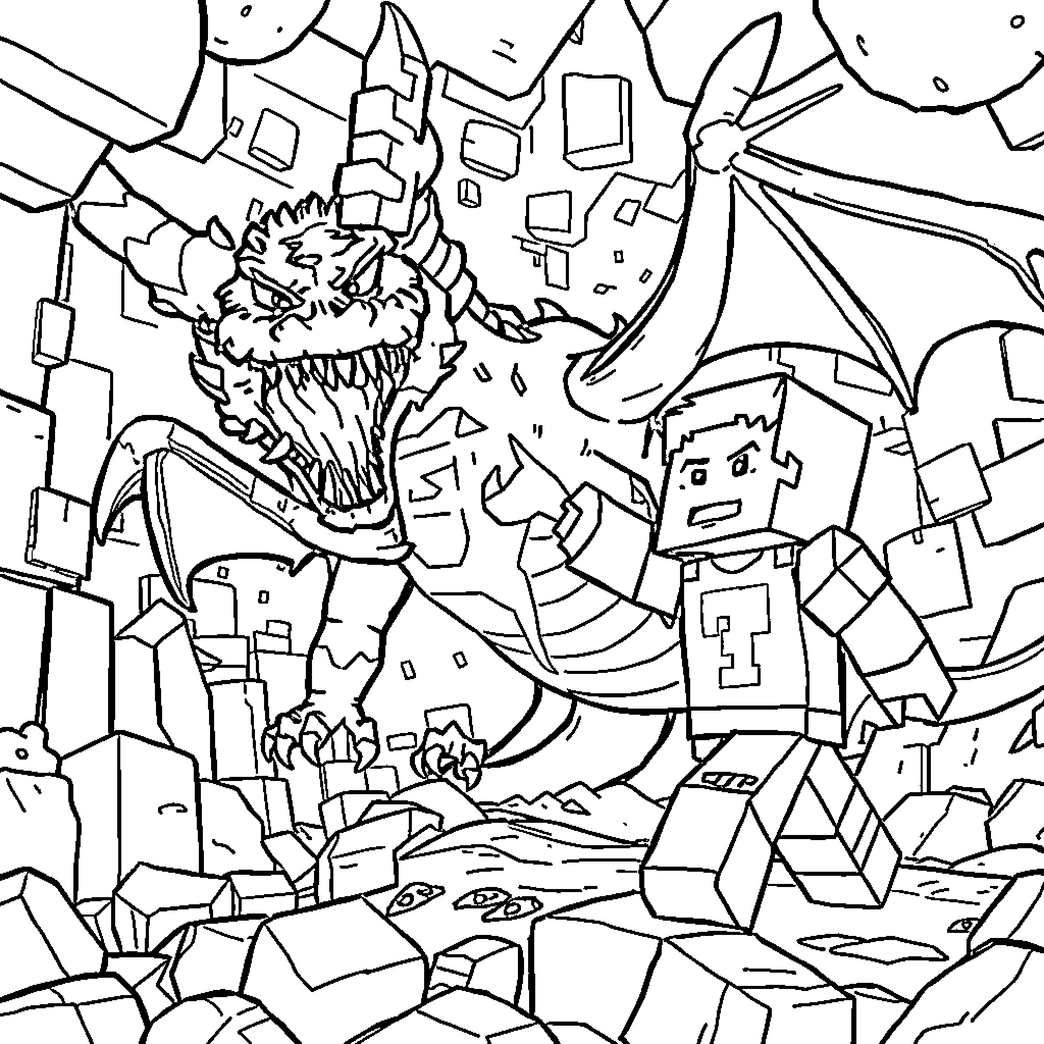 Steve's Imaginative Adventure with Mythical Creatures Coloring Page (free black-and-white line drawing printable PDF for all, from beginners to advanced learners, including children, teens, adults, and seniors)