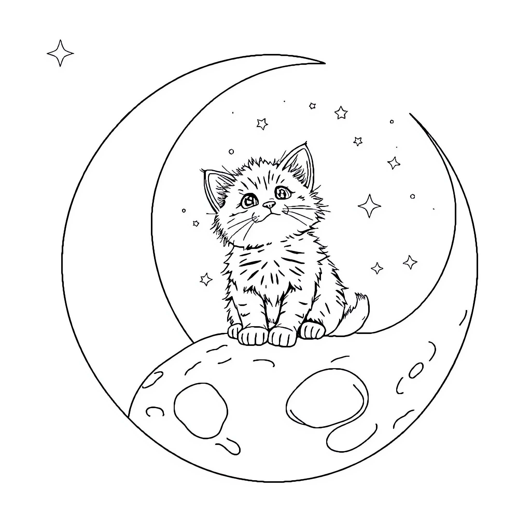 Kitten sitting on crescent moon with stars Coloring Page (free black-and-white line drawing printable PDF for all, from beginners to advanced learners, including children, teens, adults, and seniors)