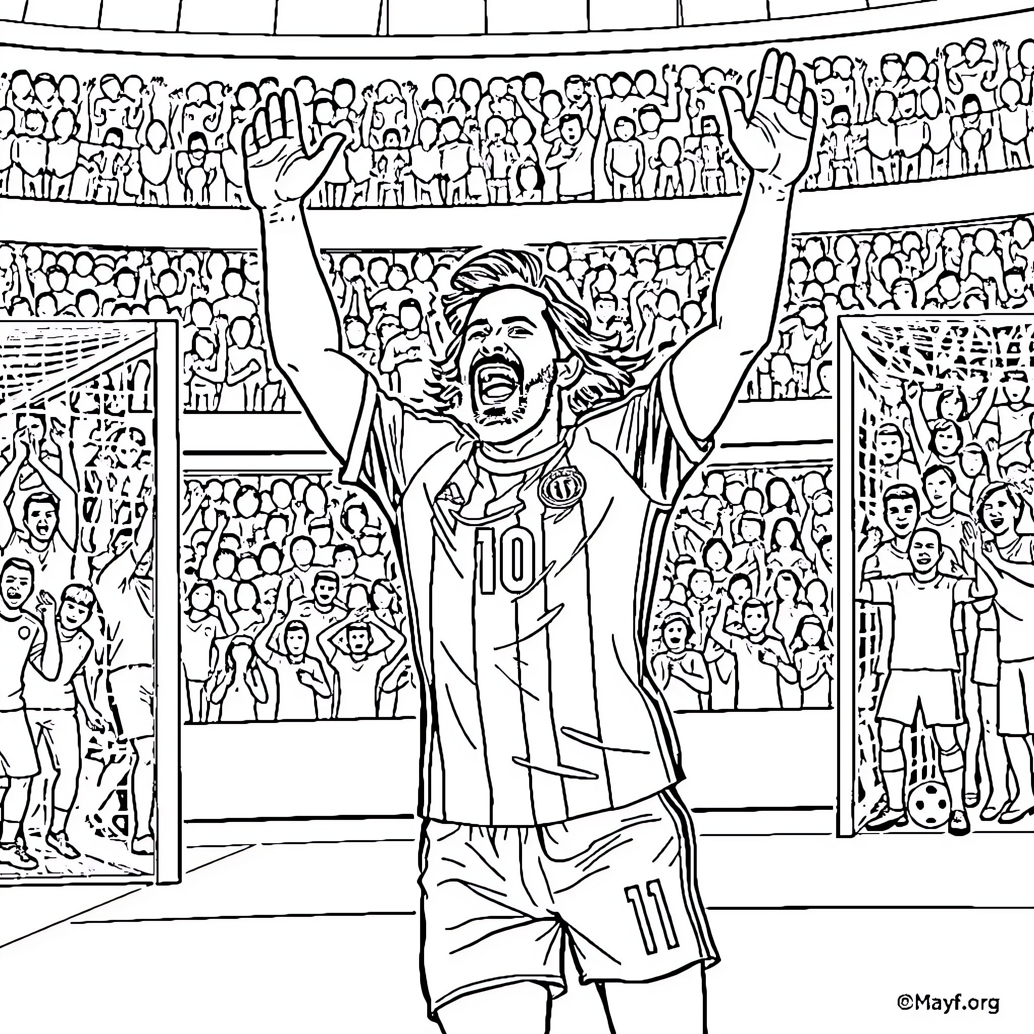 Falcao Celebrating Football Victory in Stadium Coloring Page (free black-and-white line drawing printable PDF for all, from beginners to advanced learners, including children, teens, adults, and seniors)