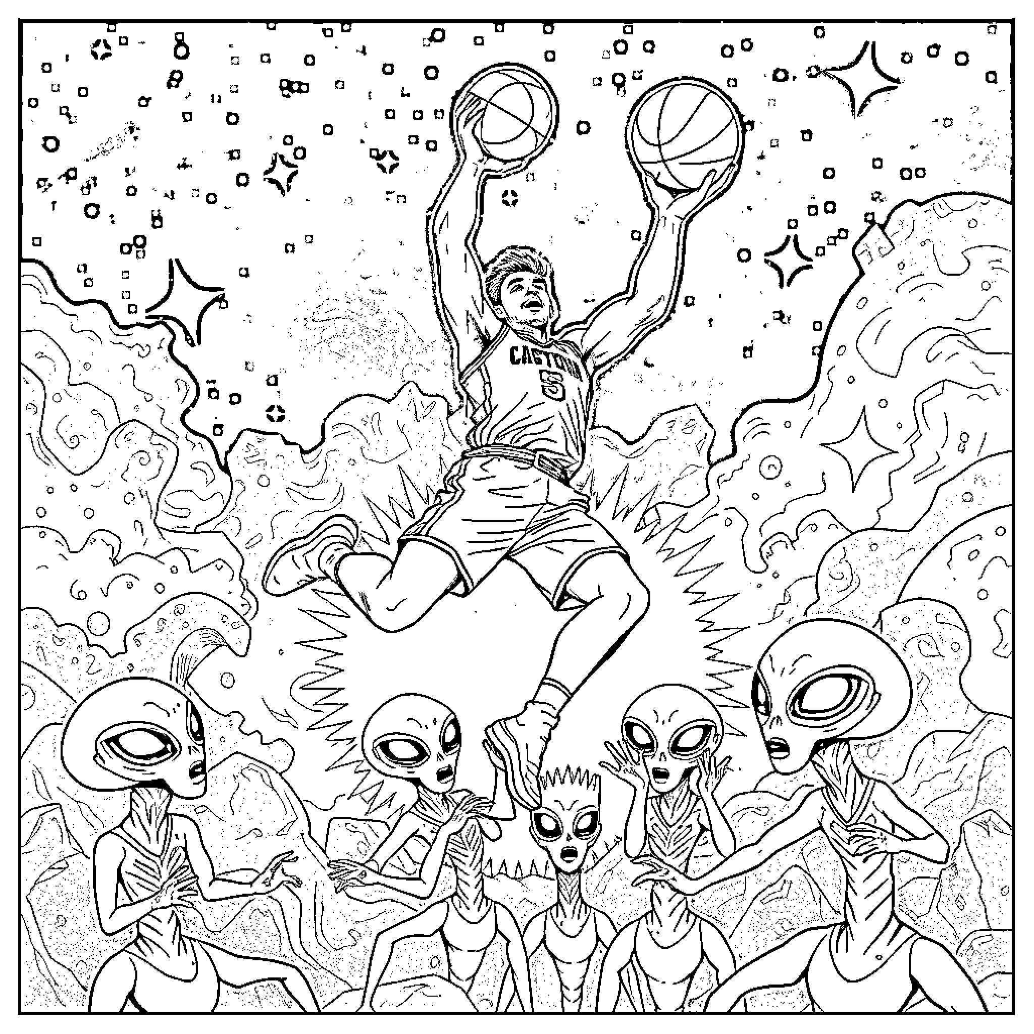 Jayson Tatum battling mysterious alien forces in the cosmos Coloring Page (free black-and-white line drawing printable PDF for all, from beginners to advanced learners, including children, teens, adults, and seniors)