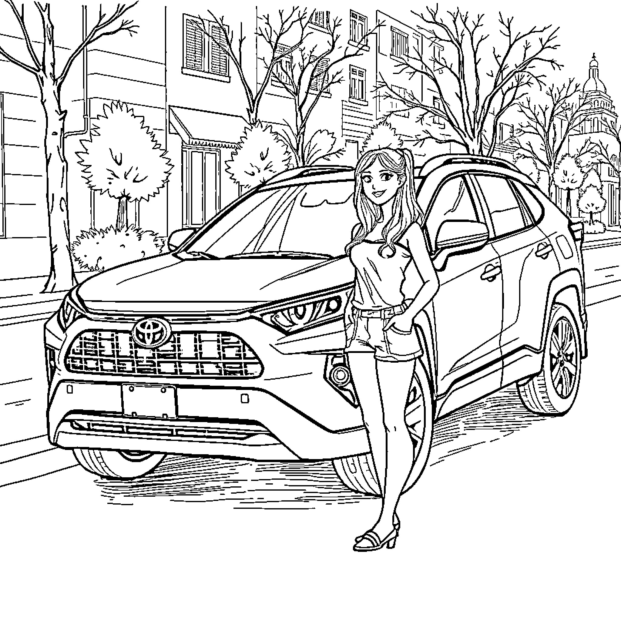 Girl posing with car in city street scene Coloring Page (free black-and-white line drawing printable PDF for all, from beginners to advanced learners, including children, teens, adults, and seniors)