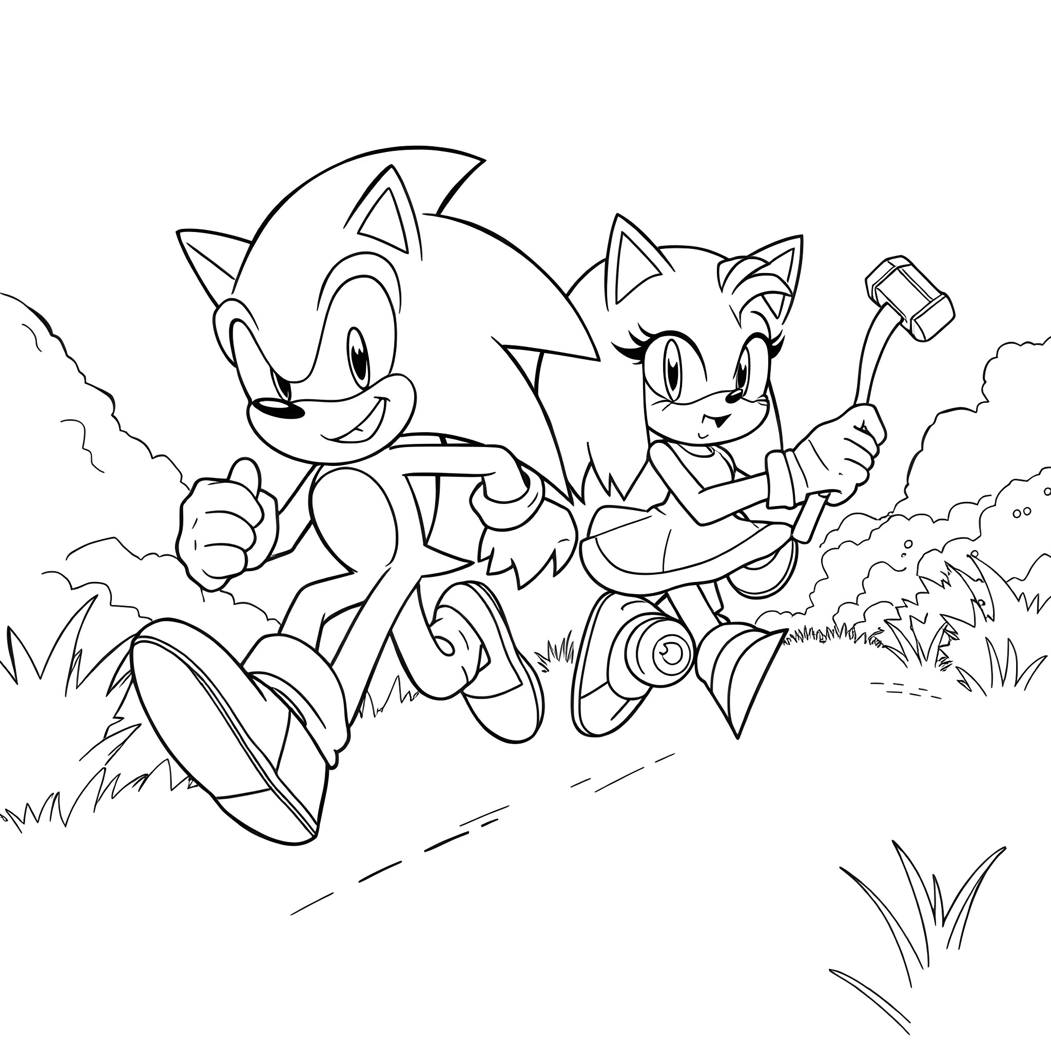 Hedgehog and friend running in nature Coloring Page (free black-and-white line drawing printable PDF for all, from beginners to advanced learners, including children, teens, adults, and seniors)