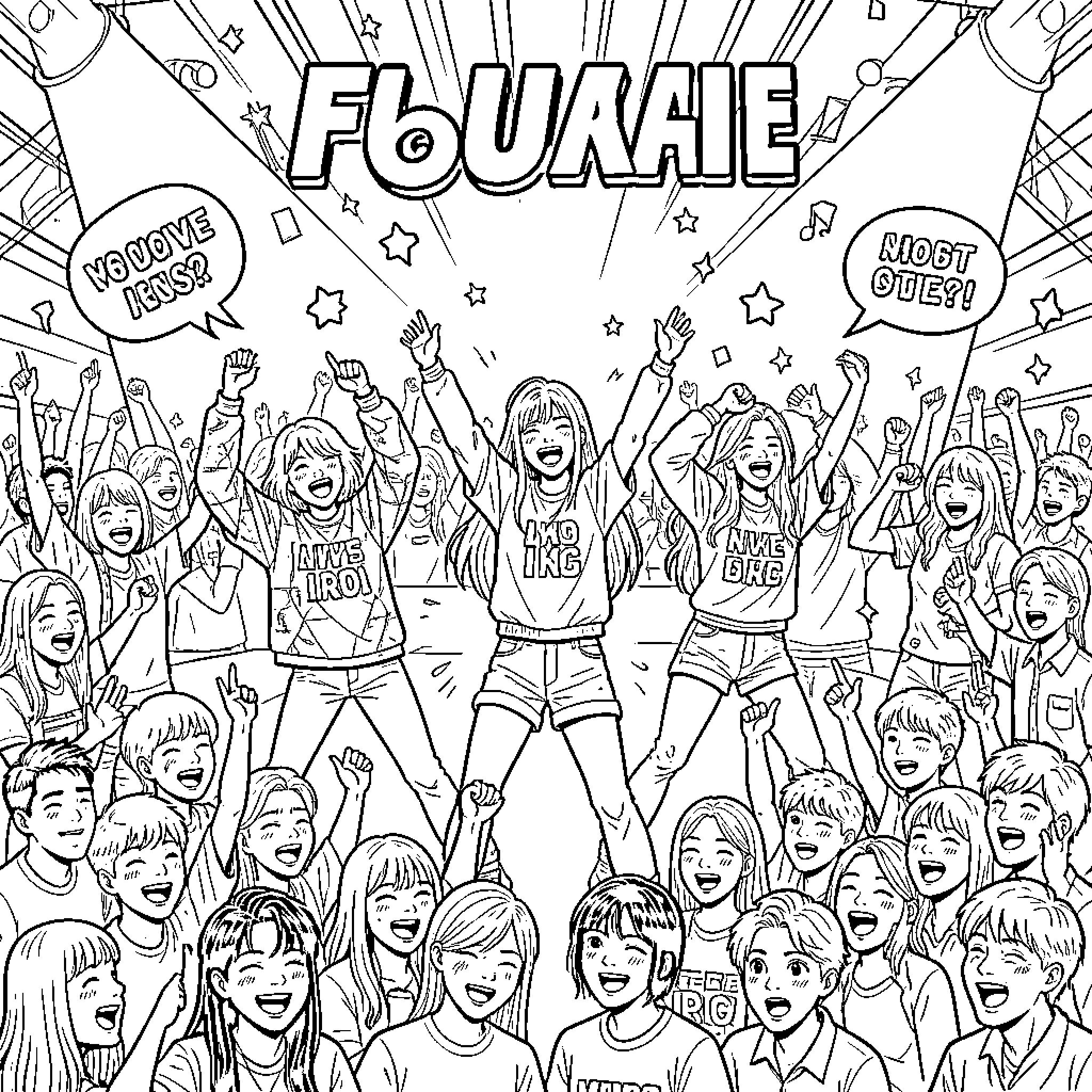 Kpop group performing energetically on a bright stage Coloring Page (free black-and-white line drawing printable PDF for all, from beginners to advanced learners, including children, teens, adults, and seniors)
