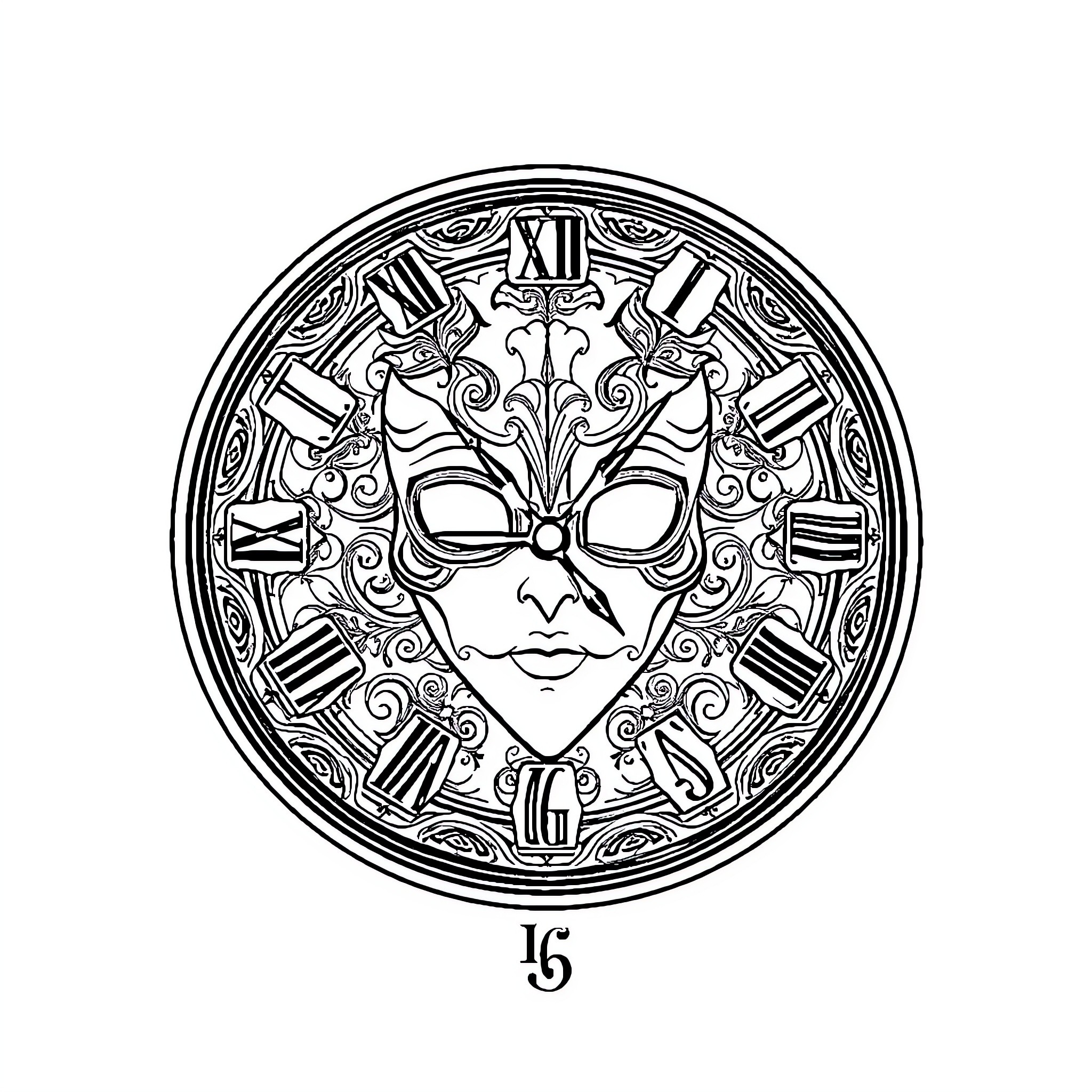 Clock face with ornate mask and roman numerals Coloring Page (free black-and-white line drawing printable PDF for all, from beginners to advanced learners, including children, teens, adults, and seniors)